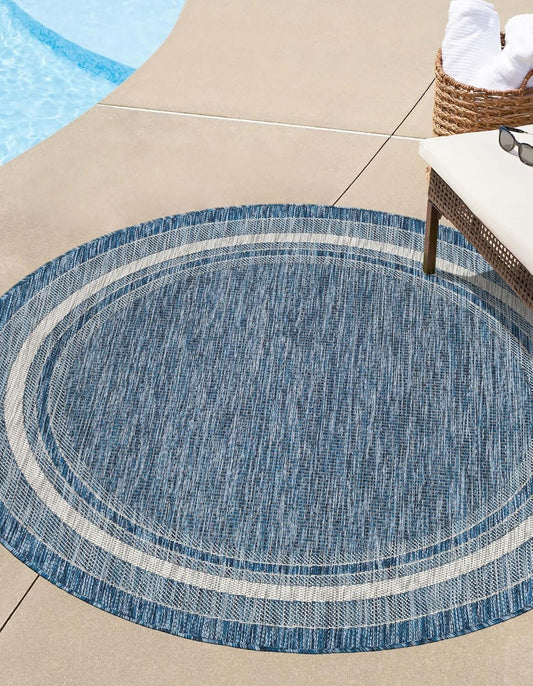 Unique Loom Outdoor Border Collection Area Rug - Soft Border (5' Round Blue/Ivory)