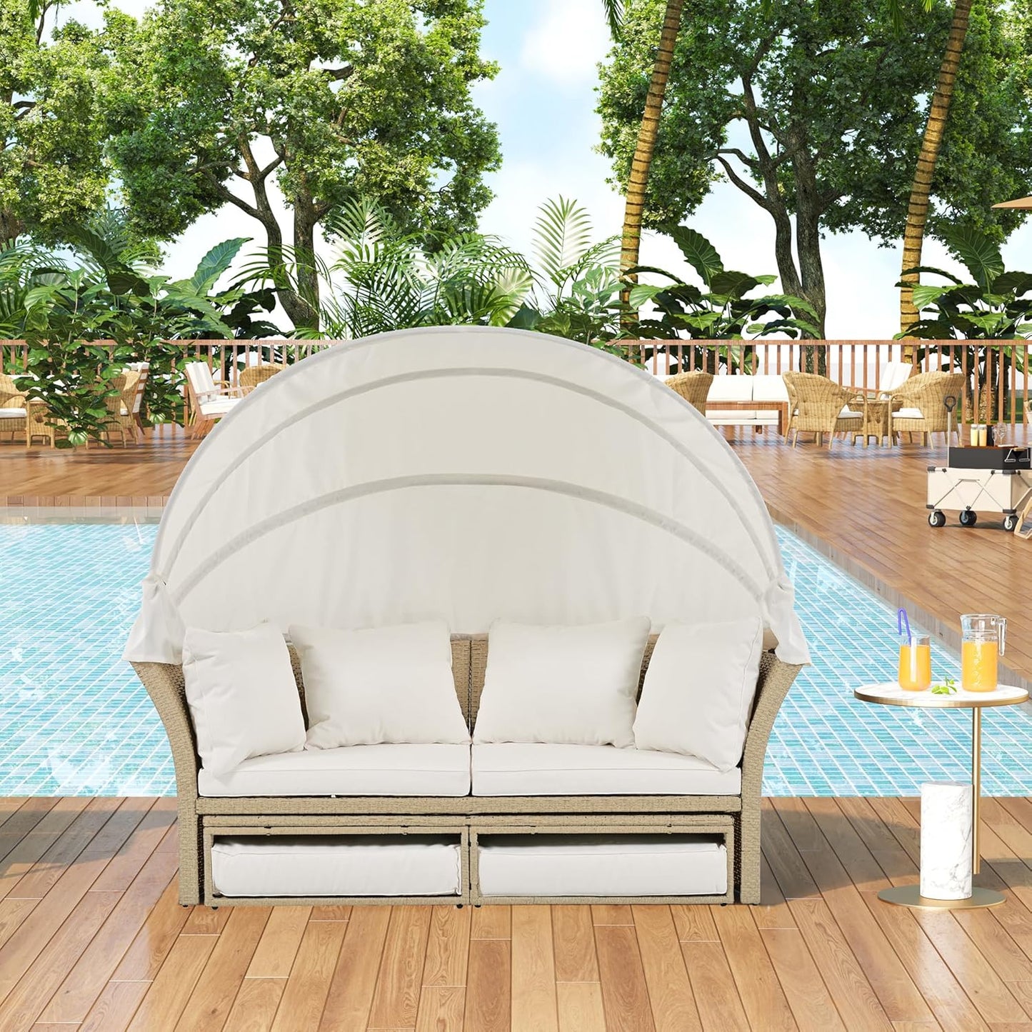 kevinplus Round Outdoor Daybed Patio Sunbed, Convertible Wicker Rattan Outdoor Daybed Sunbed with Retractable Canopy for Garden Backyard Porch Poolside, Beige