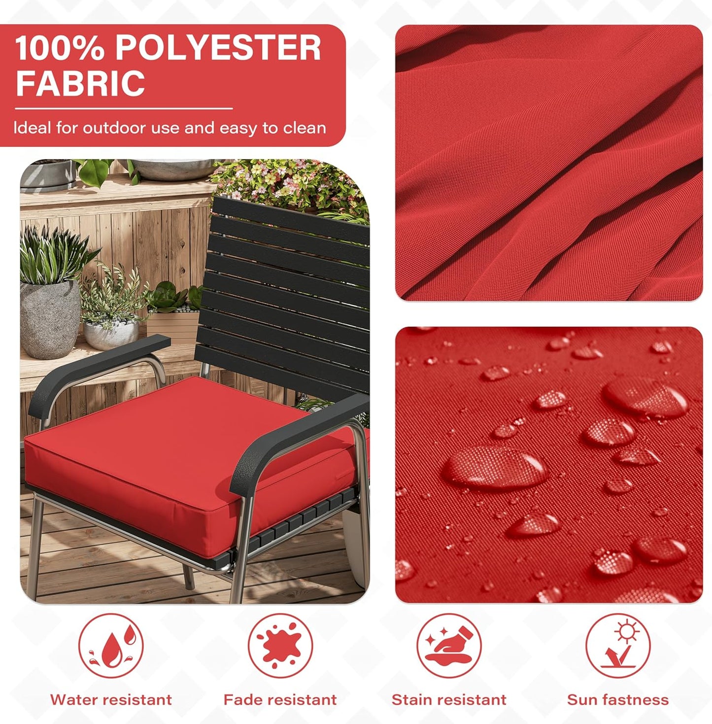 Patio Chair Cushions 18.5 X 16 X 4 Inch Waterproof Outdoor Seat Cushions for Patio Furniture, Outdoor Sofa Couch Pads with Ties & Handle, Set of 2, Red