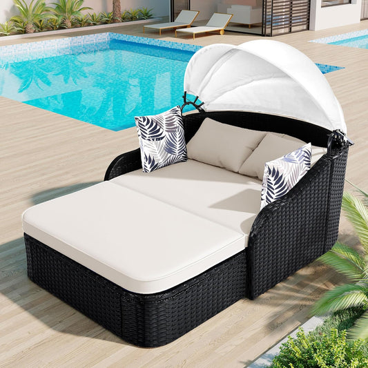 kevinplus Outdoor Patio Sunbed Daybed Double Lounge with Adjustable Canopy for Garden Backyard Pool, PE Rattan Wicker Material & Moveable Cushion Cover, Beige