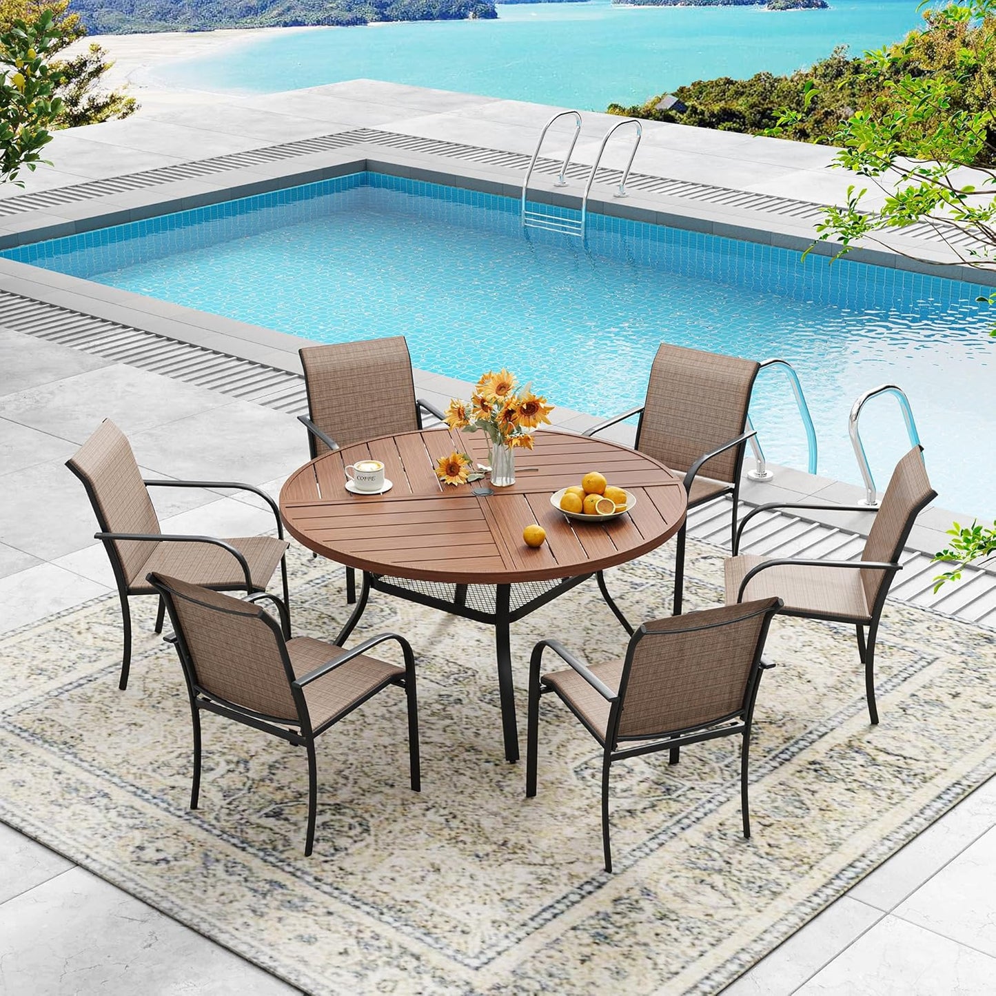 DIFY 47.2" Round Outdoor Patio Dining Table for 6, All-Weather Metal Steel Slatted Patio Table with 1.57" Adjustable Umbrella Hole, for Lawn Garden Porch Backyard, Walnut