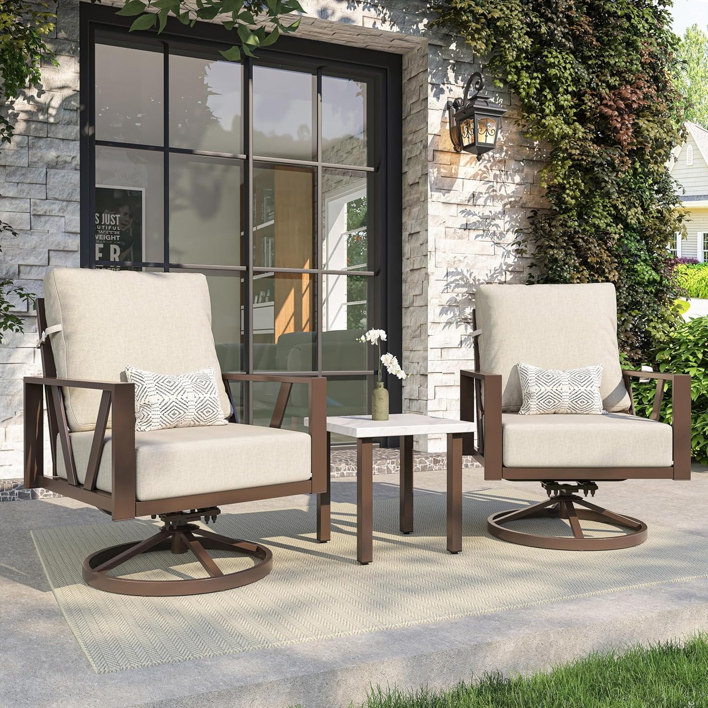 Outdoor Patio Swivel Rocking Chairs Set, Patio Porch Furniture with 6" Thick Cushions, 3 Pieces Outdoor Bistro Set with Coffee Table for Balcony, 350lbs, Upgrade Beige