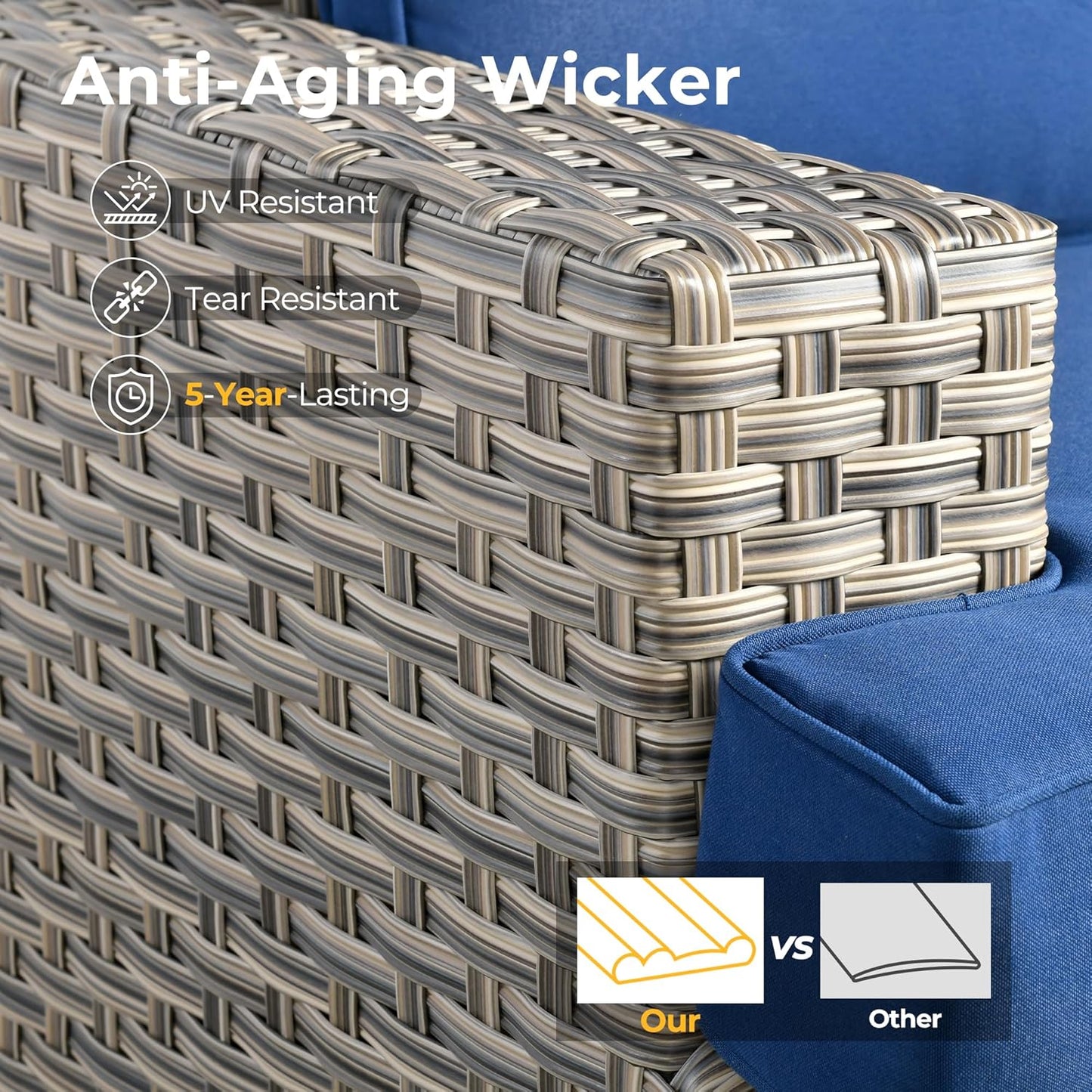 HOOOWOOO Outdoor Sectional Patio Furniture Set with Fire Pit Table,15 Pieces Wicker Conversation Sets L Shaped Couch,Extra Deep Out Door Sofa Outside Furniture with Swivel Chairs Ottomans,Navy Blue