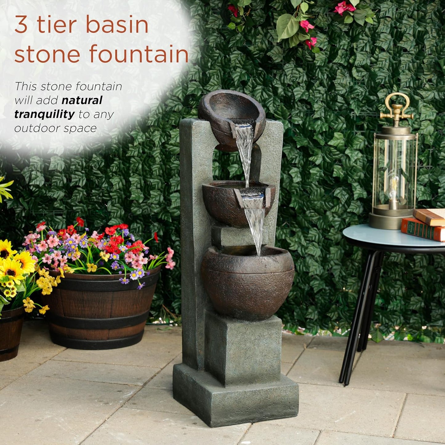 Alpine Corporation TZL400 34" 3 Tier Basin Cascading Fountain with LED Lights, Elegant Outdoor Water Feature for Garden, Patio, Yard & Outdoor Spaces, Relaxing Waterfall Fountain, Gray
