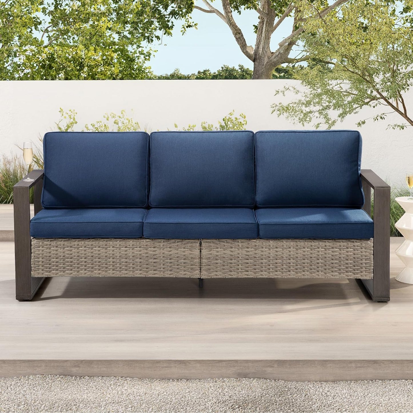 Joyside Outdoor Patio Wicker Sofa, 3-Seater Rattan Sofa with Thick Olefin Cushions and Metal Steel Rectangular Framed Armrest -Looking Metal Armrest Suitable for Garden, Backyard, Porch, Deck (Blue)
