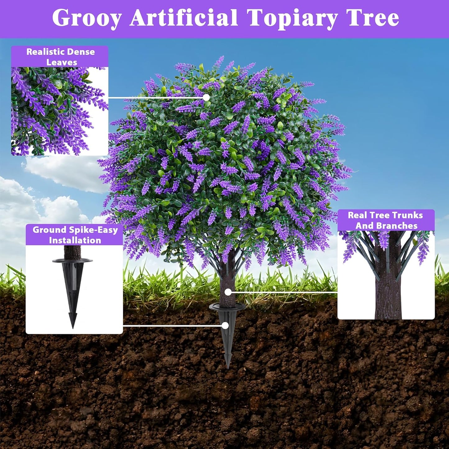 Artificial Boxwood Topiary Ball with Lavender, Set of 2 Artificial Shrub Bushes with Ground Spike, Fake Evergreen Tree for Porch, Artificial Plants for Outdoor Planters Indoor UV Resistant