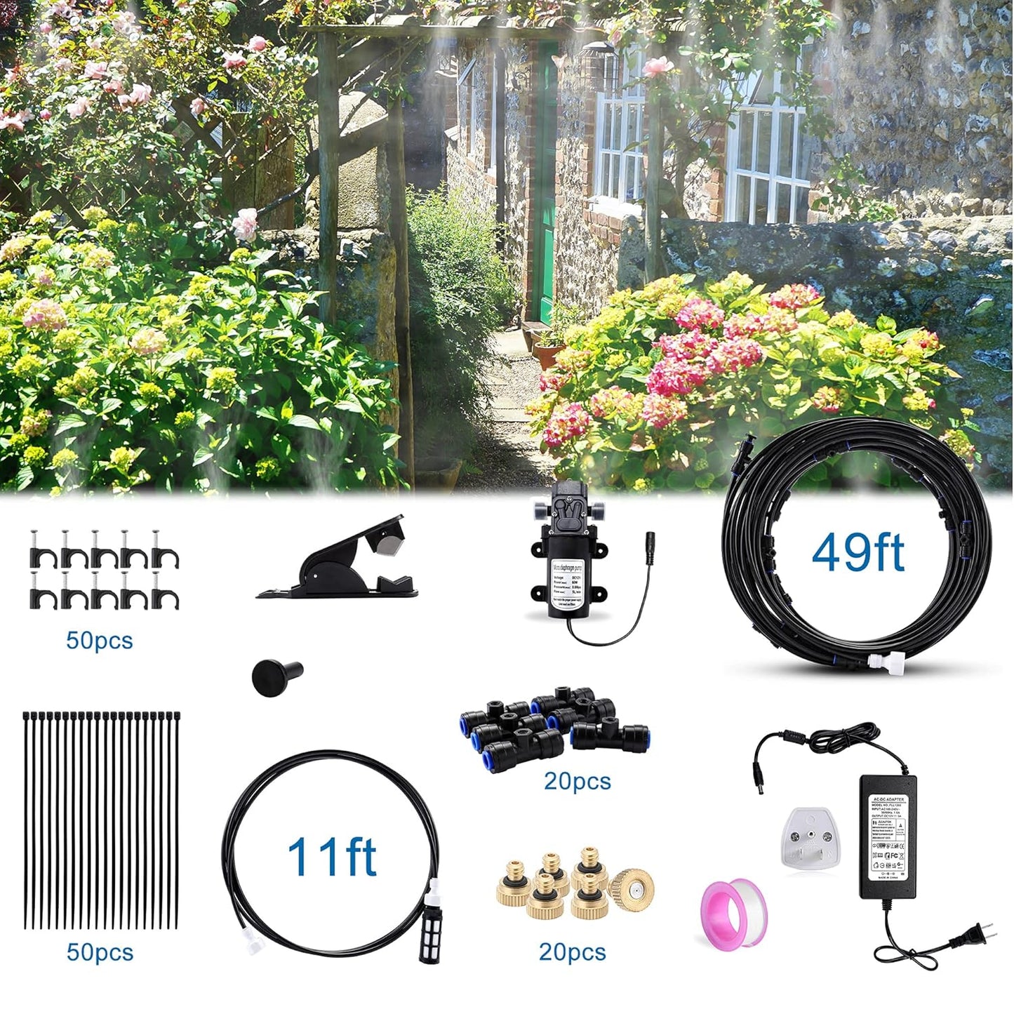Mornajina Outdoor Misting Cooling System with Pump Kit, 49.2FT(15M) Misting Line with Filter, 20 Brass Mist Nozzles, 1 Brass Adapter (3/4"), 12V DC 60W 5L/Min, Self Priming Sprayer Water Pump