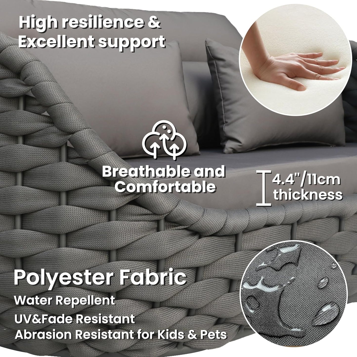 Patio Conversation Deck Furniture Sets: 6-Piece Aluminum Woven Rope Outdoor Sofa Set - Modern Cushions Couch Set - No Assembly Metal Porch Seating for Deck Yard Garden Hotel Resort, Dark Grey