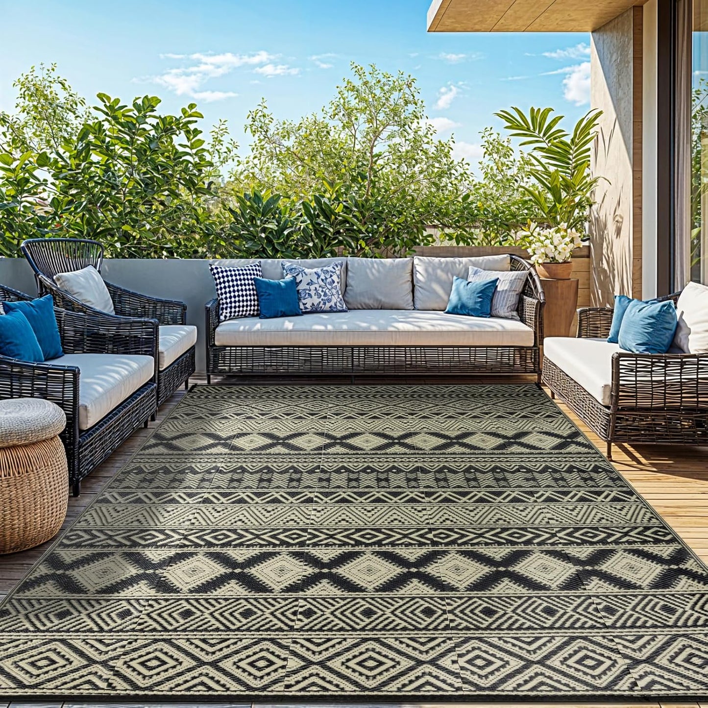 9'x12' Reversible Outdoor Rug - Eco-Friendly Plastic Straw Rug-Heavy-Duty Waterproof Mat, UV & Fade Resistant for Patio, Camping, RV, Deck, Balcony(9x12,Black&Beige)