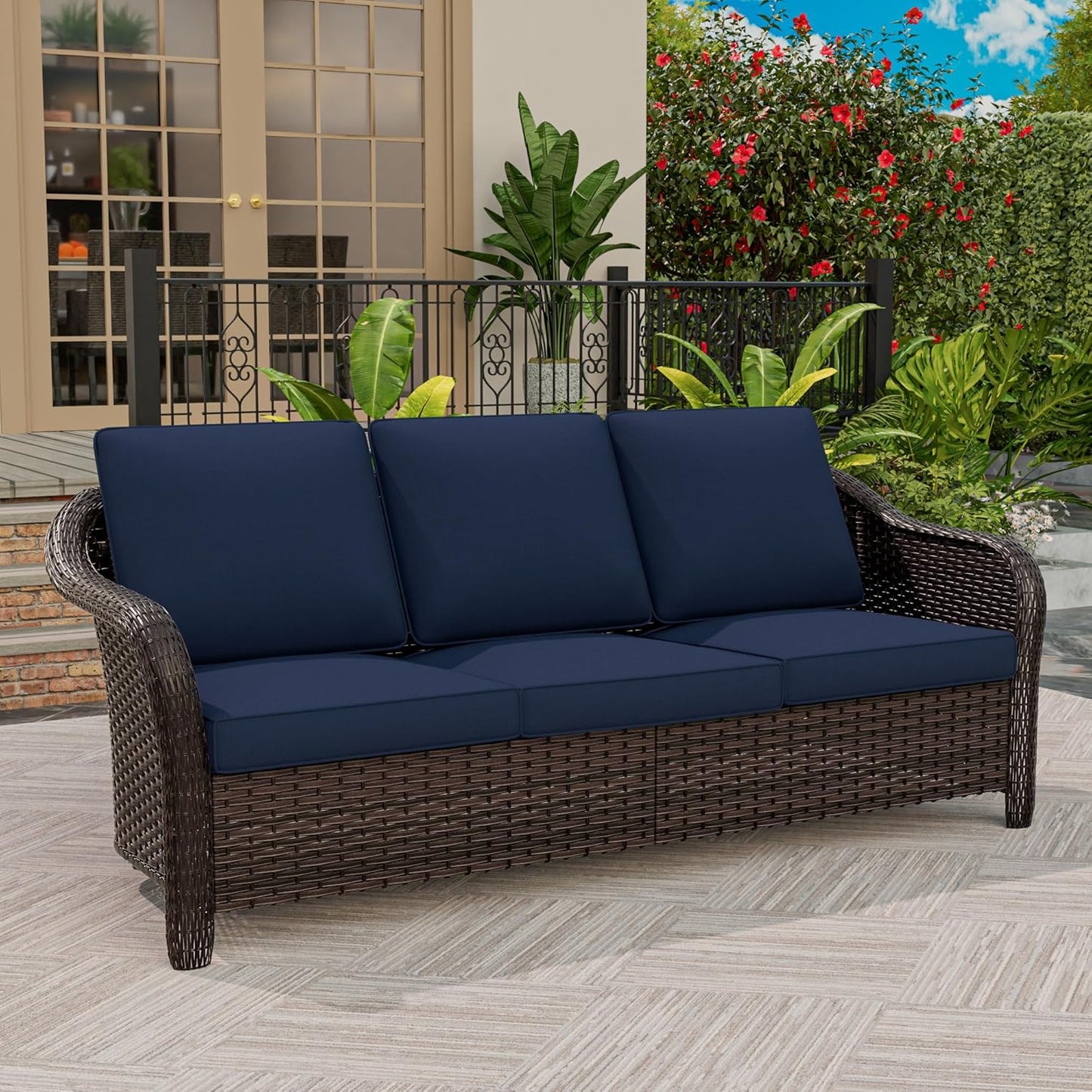 77 inch Outdoor Wicker 3 Seater Sofa, All-Weather Use Patio Rattan Sofa with Seat and Back Cushion, Ideal for Porch, Backyard, Balcony, Poolside, Blue
