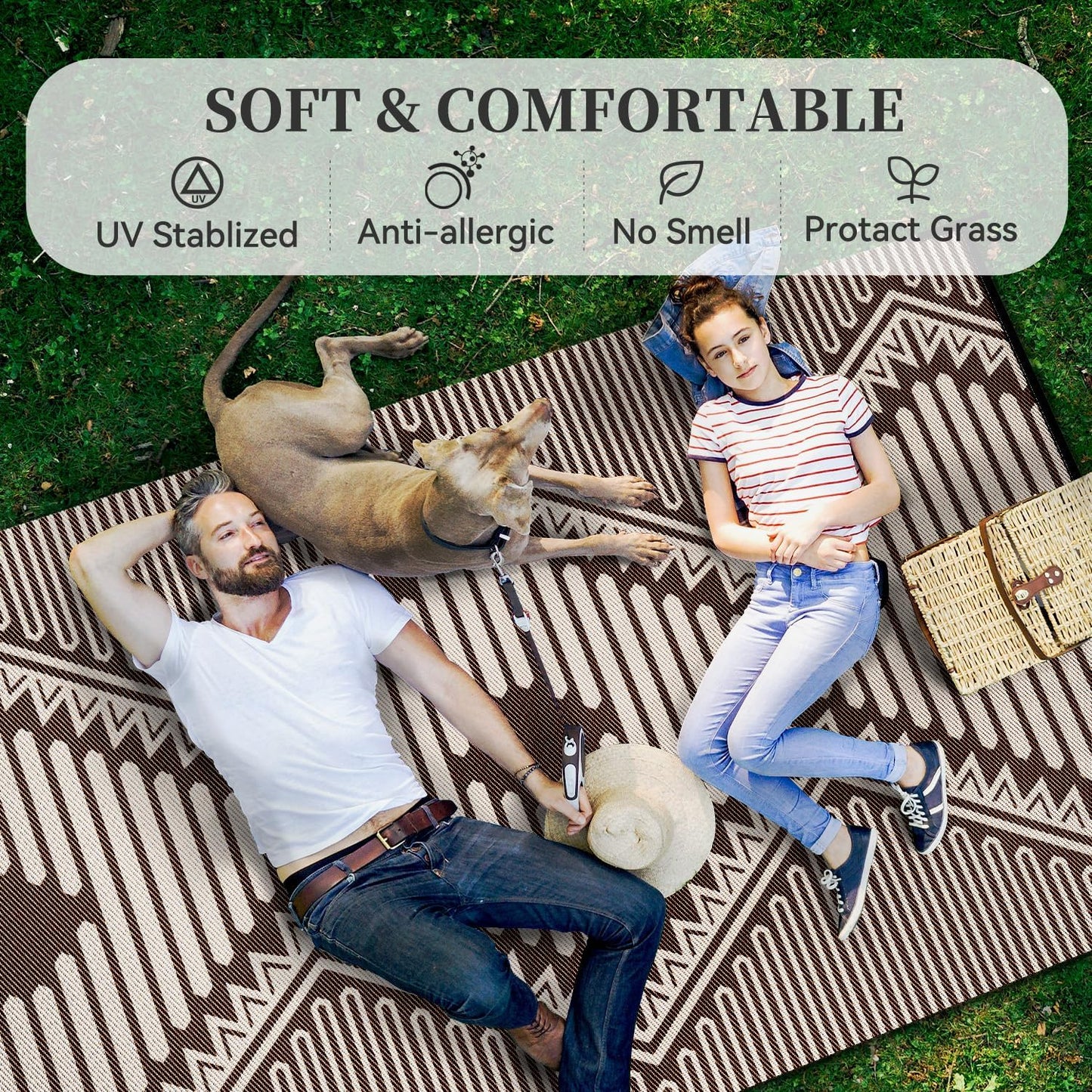 MontVoo Outdoor Rug-Waterproof Patio Rug Mat 5x8 Outdoor Carpet Mat Reversible Plastic Straw Outside Outdoor Rug for RV Camping Picnic Balcony Backyard Pool Deck Porch Modern Boho Beige Brown