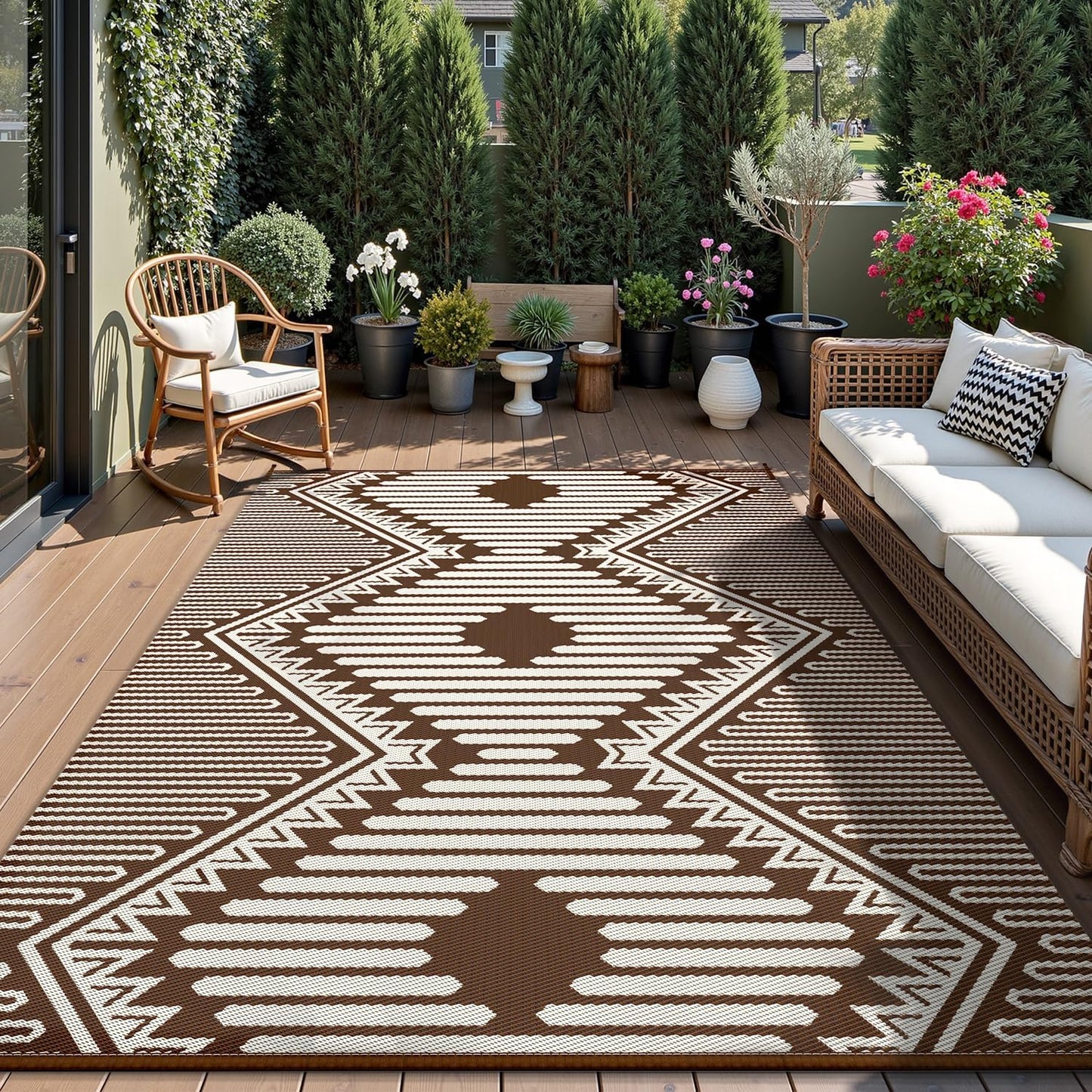 MontVoo Outdoor Rug-Waterproof Camping Rug Patio Rug Mat 6x9 Reversible Plastic Straw Outside Outdoor Rug for RV Camping Picnic Balcony Backyard Pool Deck Porch Modern Boho Beige Brown