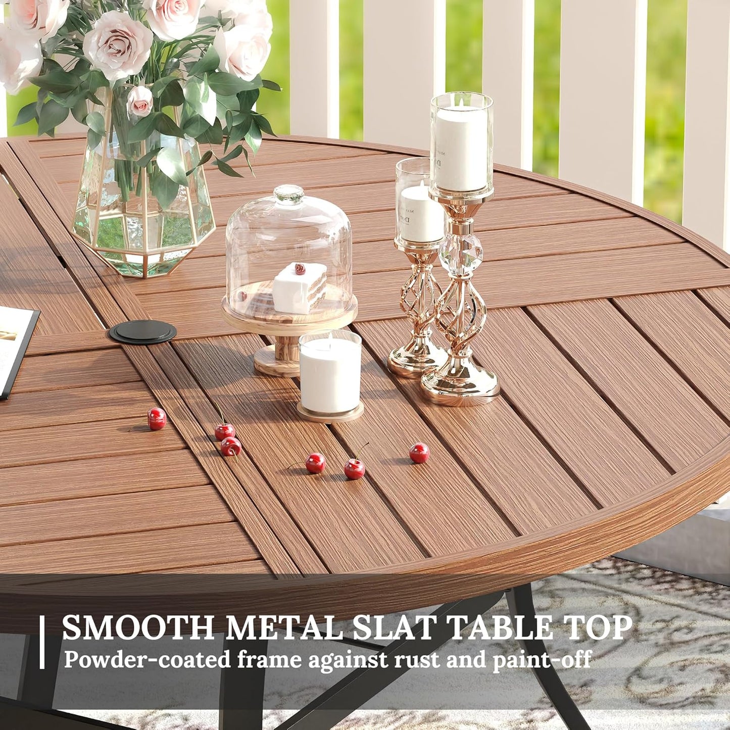 VICLLAX Round Patio Table with Adjustable Umbrella Hole for 8, All Weather Metal Outdoor Dining Table for Lawn Garden, 53.1" Outdoor Coffee Table, Walnut Wood-Like Tabletop