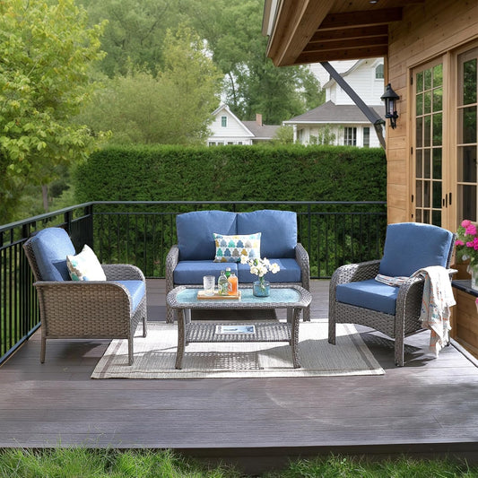 HOOOWOOO Patio Furniture Set,4 Pieces Outdoor Conversation Set,All Weather Wicker Loveseat Sofa Set with High Back Chairs Table,Denim Blue