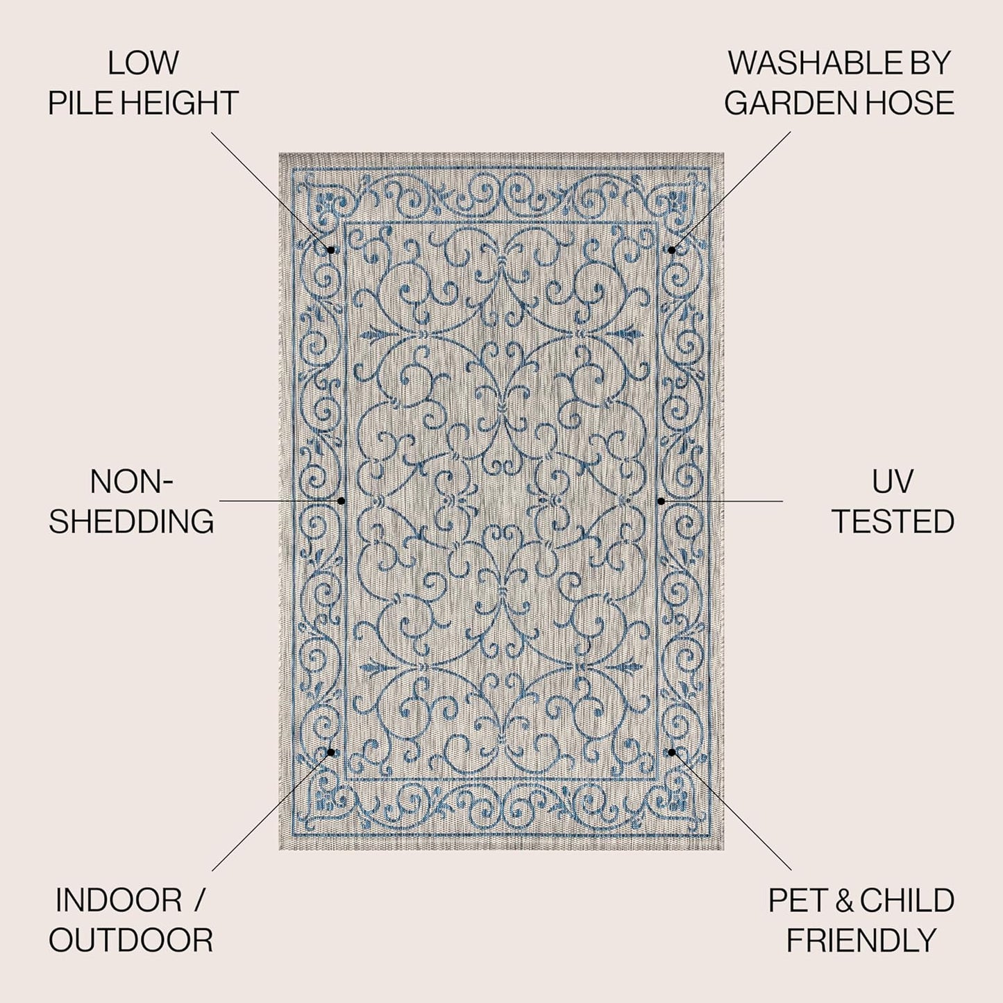 JONATHAN Y SMB106C-9SQ Charleston Vintage Filigree Textured Weave Gray/Navy 9' Square Indoor/Outdoor Area Rug, Pet Friendly, Non-Shedding, Stain Resistant, Easy-Cleaning for Backyard, Patio, Porch