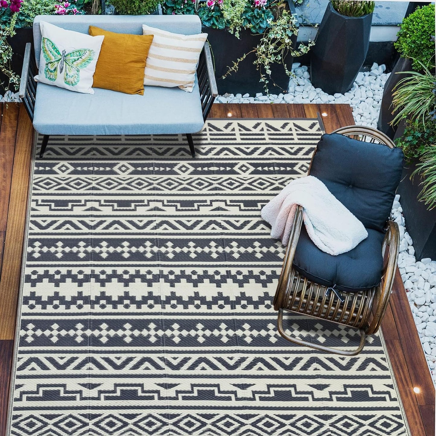 RV Waterproof Mat Outdoor Rugs 9'x12' for Patios Clearance Carpet Camping, Large Plastic Straw (9x12ft Geometric Boho Grey&White)