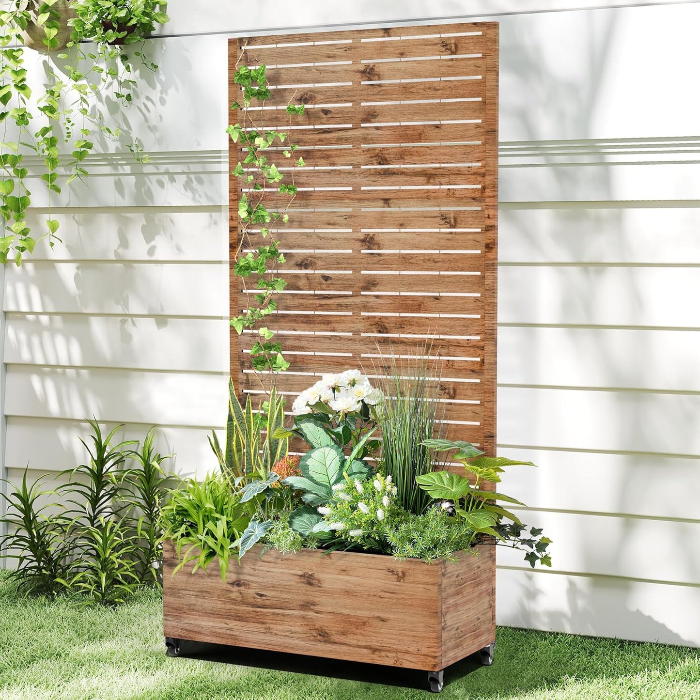Raised Garden Bed with Trellis and Wheels,73"x35"x16" Metal Raised Garden Bed,Brown Wood Finish Metal Planter with Climbing Trellis for Vines & Vegetables