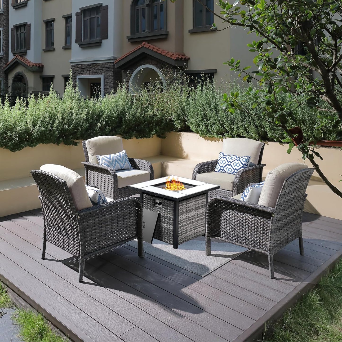 ovios 4 Pieces Patio Furniture Set with 30" Fire Pit Table, Outdoor Wicker Chairs of 4, All Weather High Back Rattan Chairs 4-Seater with Comfy Cushions, Beige