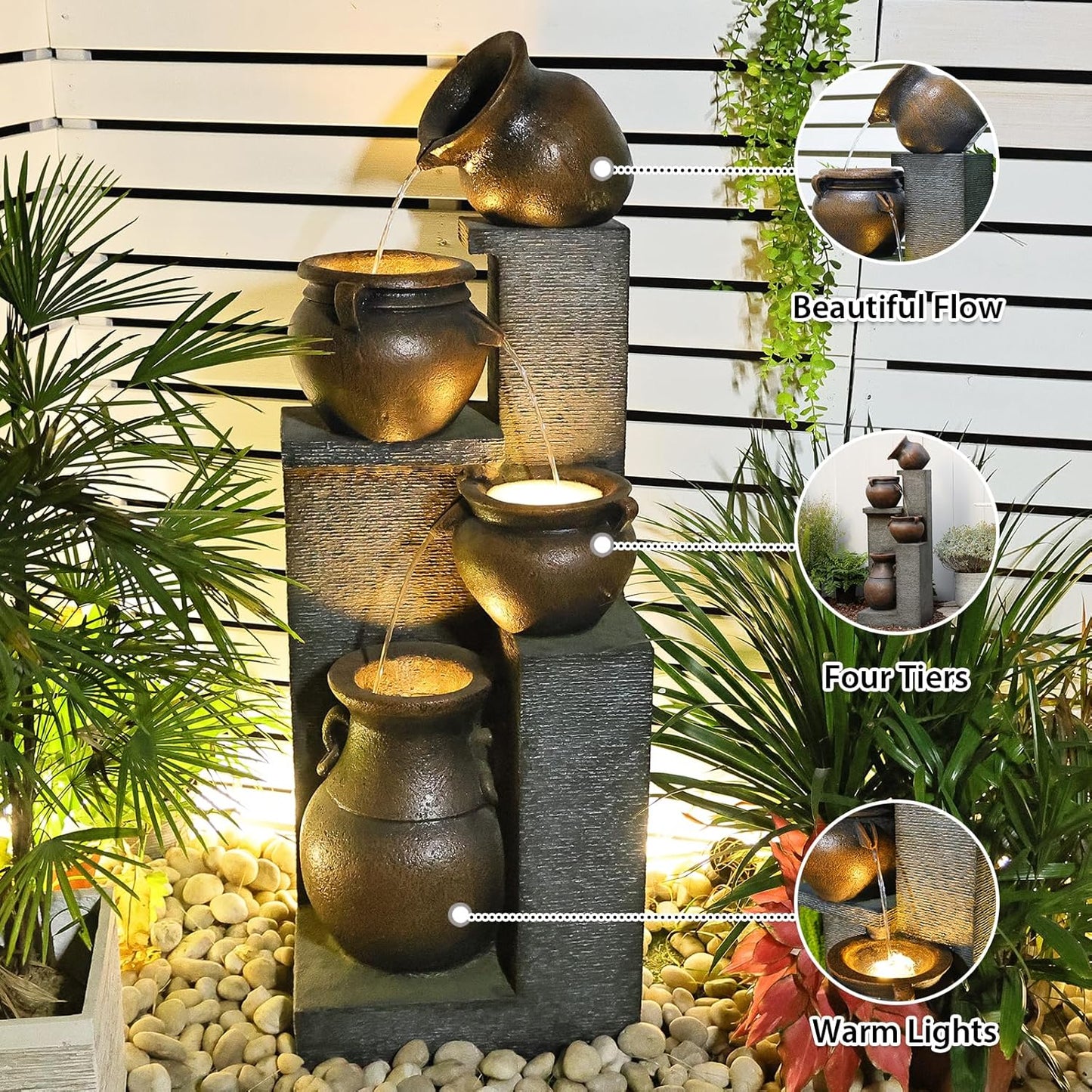 53" H Large Water Fountain Outdoor-The 4 Cascading Modern Feature Crocks Garden Fountains and Waterfalls with Warm Lights for Porch, Deck, Patio, Backyard Home Décor (Gray)
