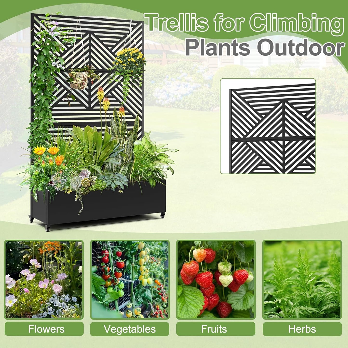 Raised Garden Bed with Trellis and Wheels,73"x47"x16" Metal Raised Garden Bed,Black Diamond Metal Planter with Climbing Trellis for Vines & Vegetables