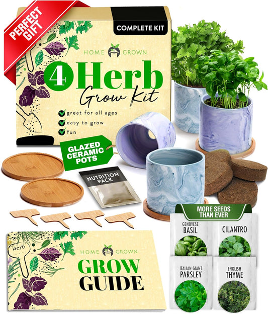 HOME GROWN Indoor Herb Garden Kit w/Glazed Ceramic Pot - Easy-to-Grow Kitchen Window Gardening Starter Set - Unique Housewarming Gift for Women, Mom, Gardeners, Friend, Her, Mother