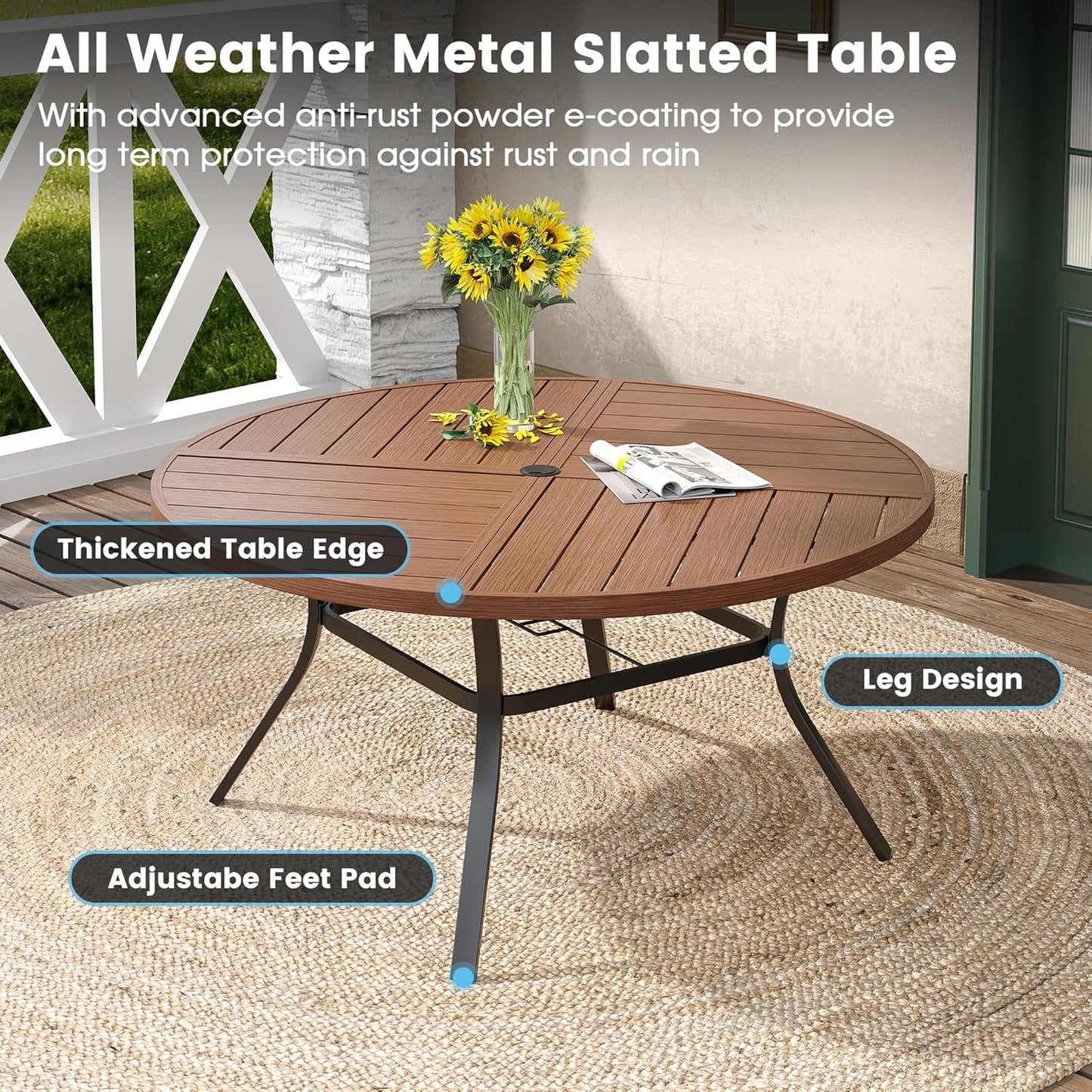 DIFY 50" Round Outdoor Patio Dining Table for 6, All-Weather Metal Steel Slatted Patio Table with 1.57" Adjustable Umbrella Hole, for Lawn Garden Porch Backyard, Walnut