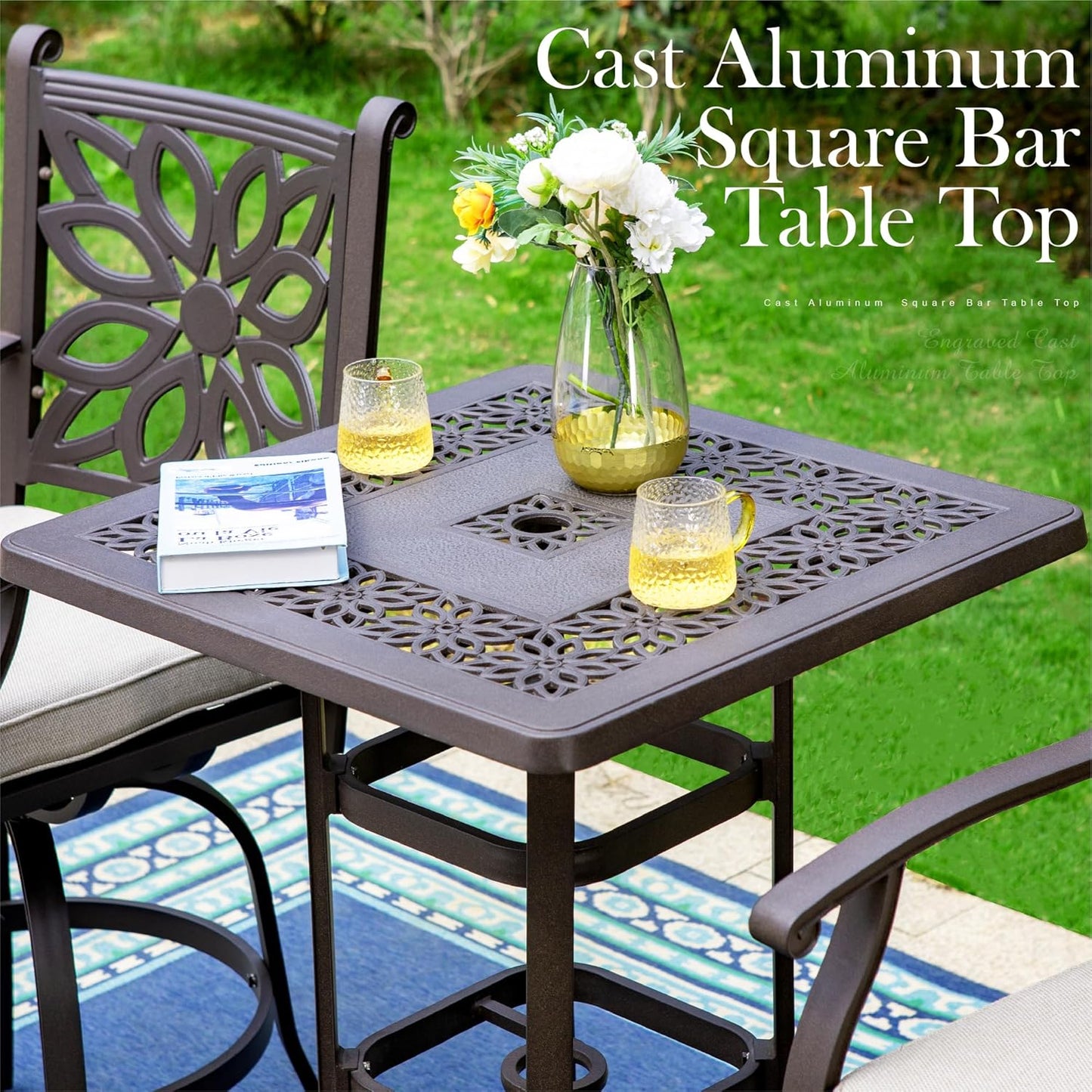 PHI VILLA Cast Aluminum Outdoor Patio Bar Tables, Outdoor Frosted Surface Square Bar Height Bistro Table - 42" Pub Height