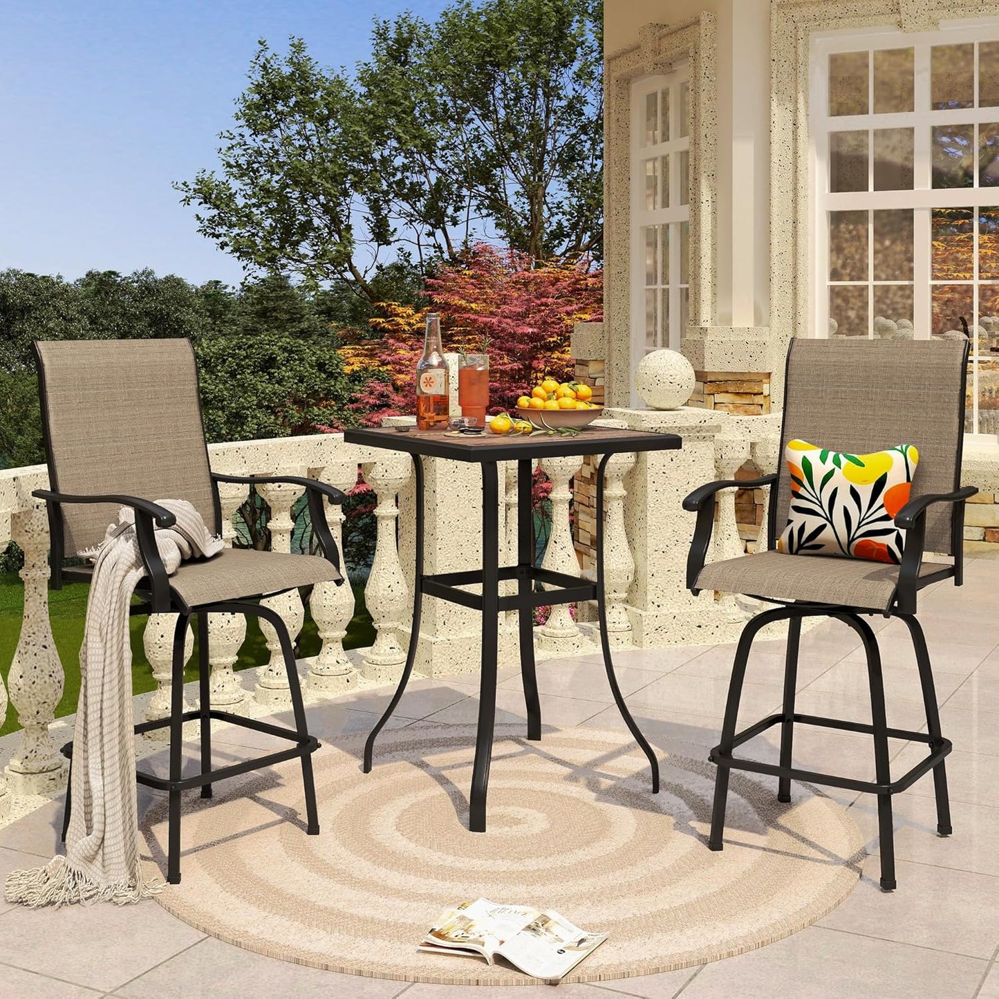 PHI VILLA 3 PCS Patio Swivel Bar Sets Textilene High Bistro Sets with 2 Outdoor Bar Stools and 1 Square Bar Table, Brown