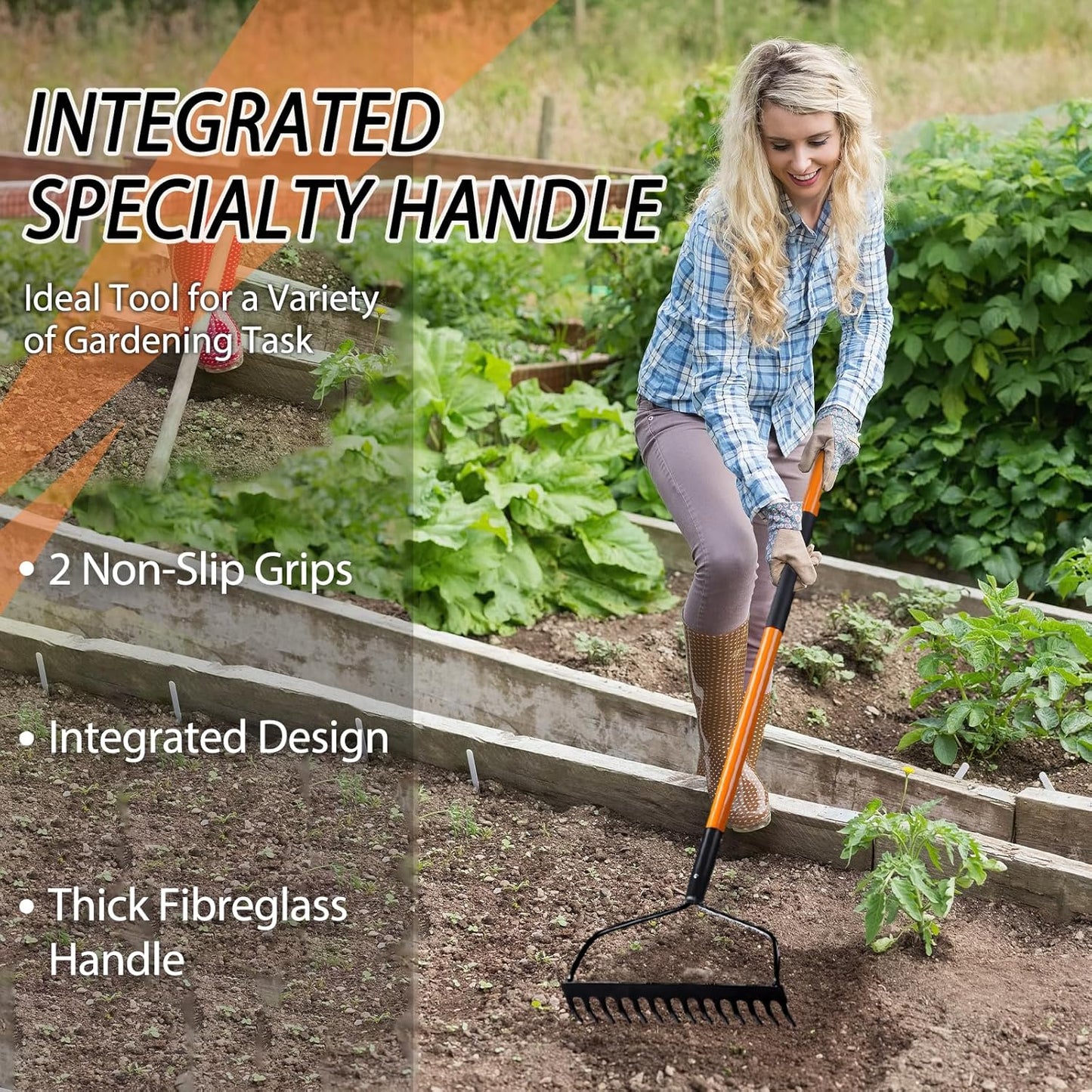 Garden Rake - 14 Tine Heavy Duty Rake with 58 Inch Fiberglass Handle