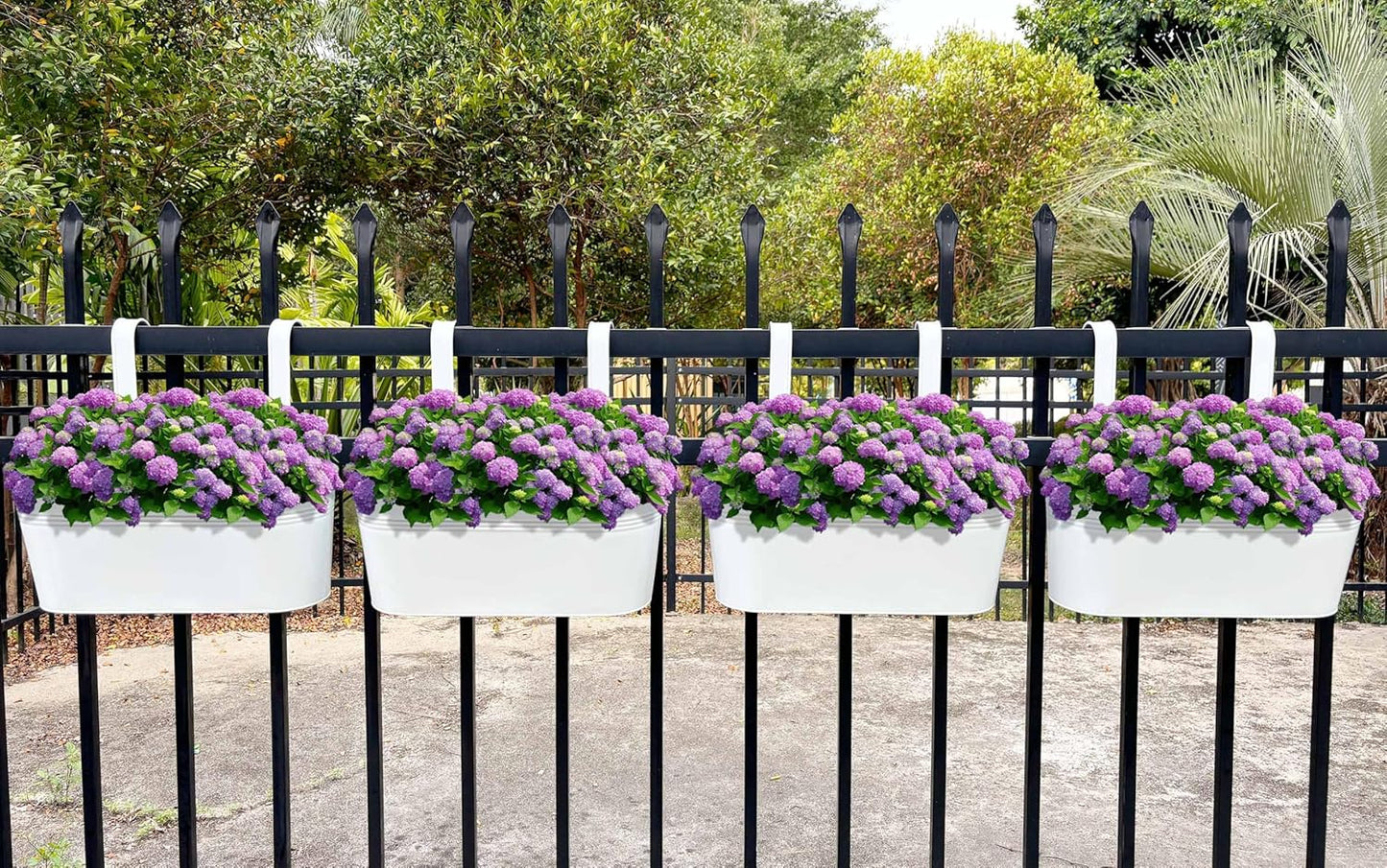 Hanging Planters for Outdoor Plants, 17" Railing Planter Pots, Metal Fence Flower Pot for Porch Balcony with Detachable Hook (White, Pack of 2)