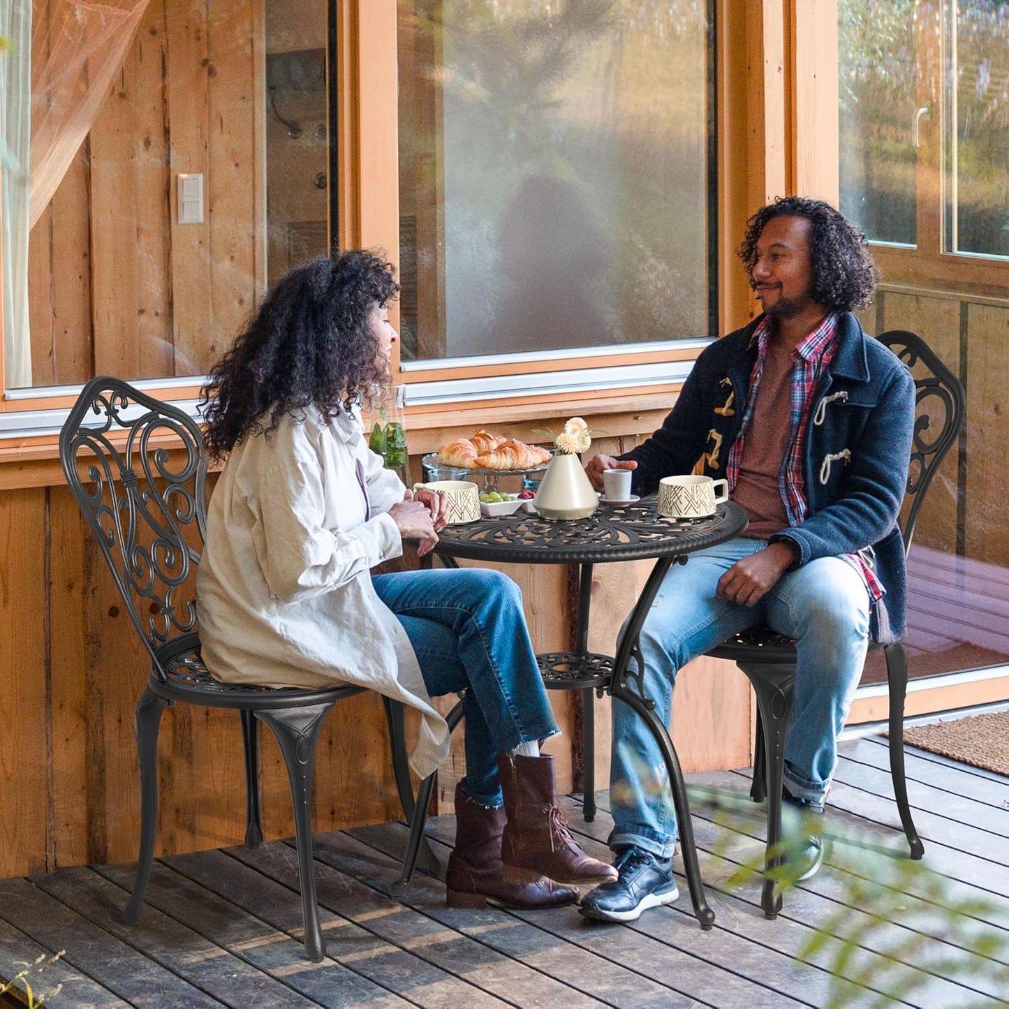 NUU GARDEN 3 Pieces Patio Bistro Set, Outdoor Bistro Set with 2 Chairs, Round Table with Umbrella Hole, All-Weather Outdoor Patio Bistro Set for Garden, Lawn, Poolside, Porch, Black