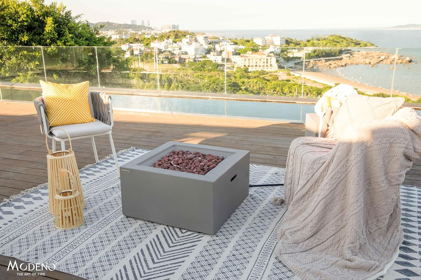 AMS Fireplace | Modeno Ridgefield Package | Light Gray Liquid Propane Gas Fire Pit Table for Outside Patio Bundle with Tank Cover, Wind Guard, SS Burner Lid | Free Ice Bucket & Rubber Mat