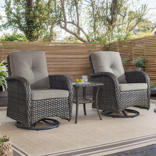 HUMMUH Outdoor Swivel Chairs,3 Pieces Patio Furniture Set with 360 Degree Wicker Swivel Rocking Chairs and Side Table for Garden,Porch,Backyard (Brown/Grey)