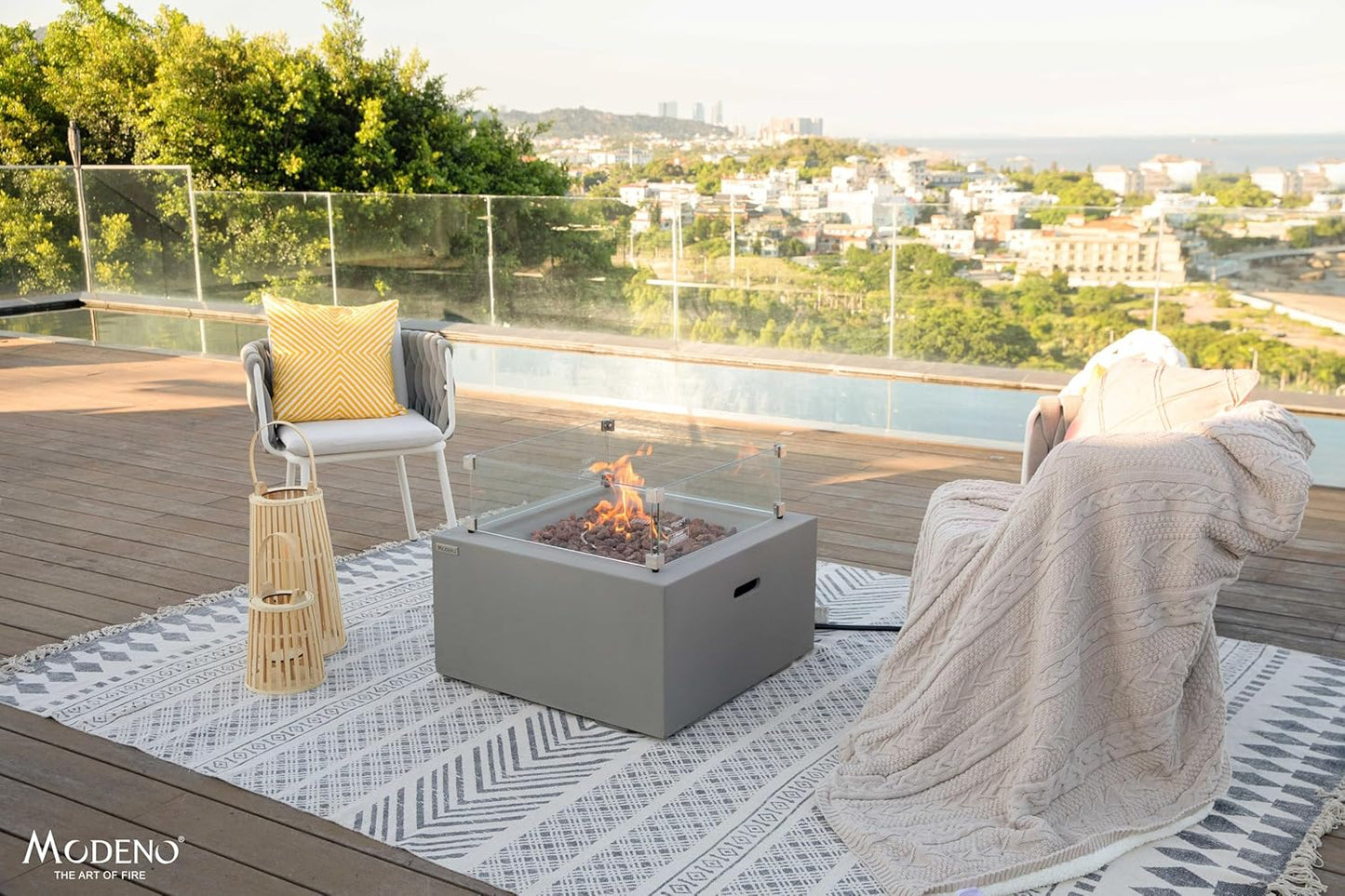 AMS Fireplace | Modeno | Ridgefield | Firepit Table | Cover and Lava Rocks Included | (Fuel; Natural Gas - Light Gray)