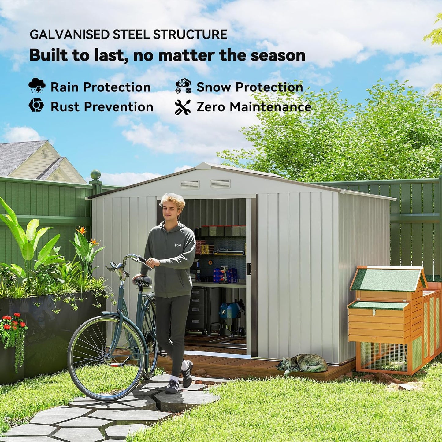 Outsunny 9' x 6' Outdoor Storage Shed, Garden Tool Metal Shed with Foundation Kit, Double Lockable Door, Air Vents and Sloping Roof, for Backyard, Patio, Lawn, Silver