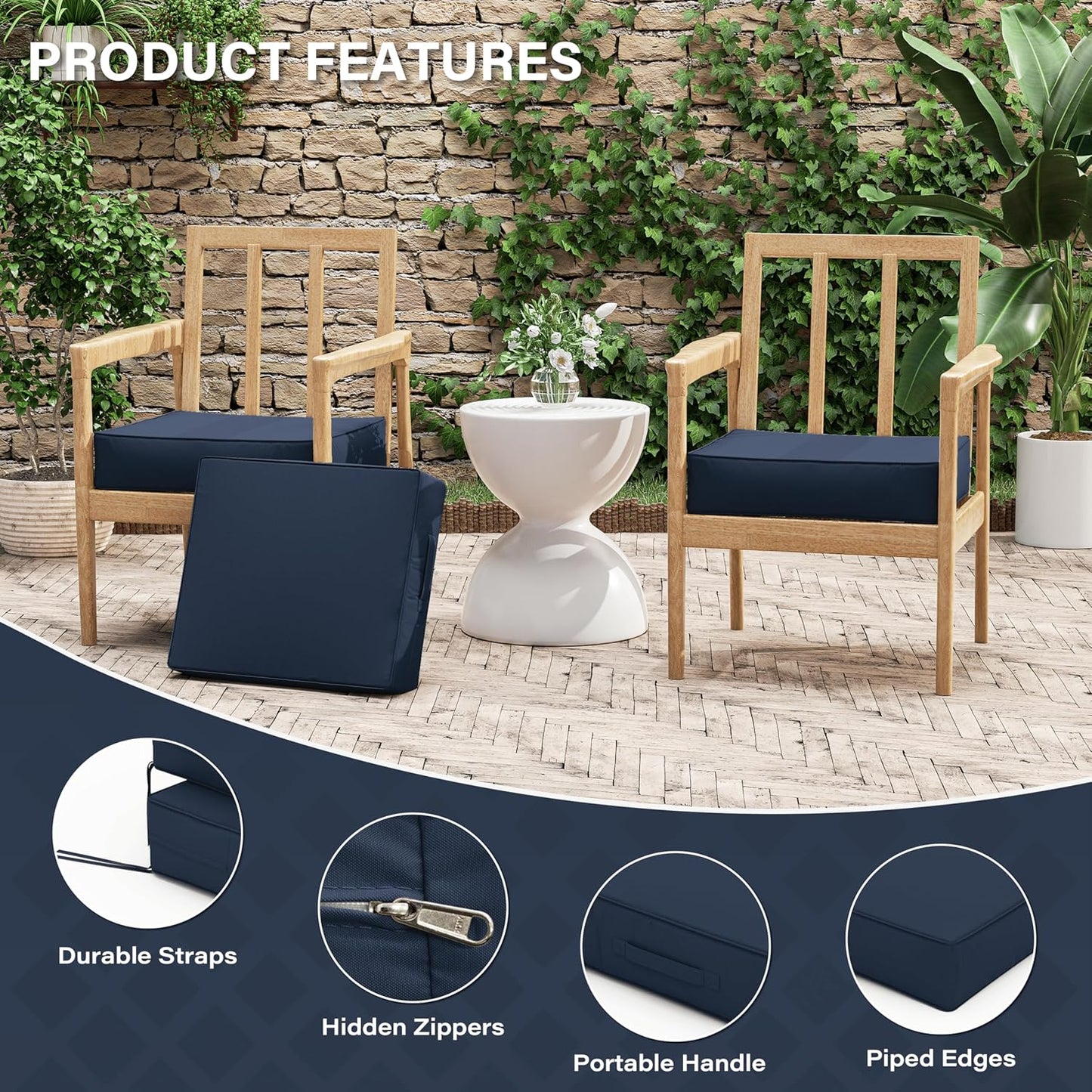 Patio Chair Cushions 18.5 X 16 X 4 Inch Waterproof Outdoor Seat Cushions for Patio Furniture, Outdoor Sofa Couch Pads with Ties & Handle, Set of 2, Navy Blue