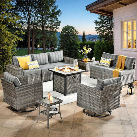 ovios 10 Pieces Patio Furniture Set, Outdoor Wicker Sectional Sofa with 30" Fire Pit Table Swivel Chairs, Modern Modular Deep Seat Rattan Couch Conversation Sets, Dark Gray Stripe