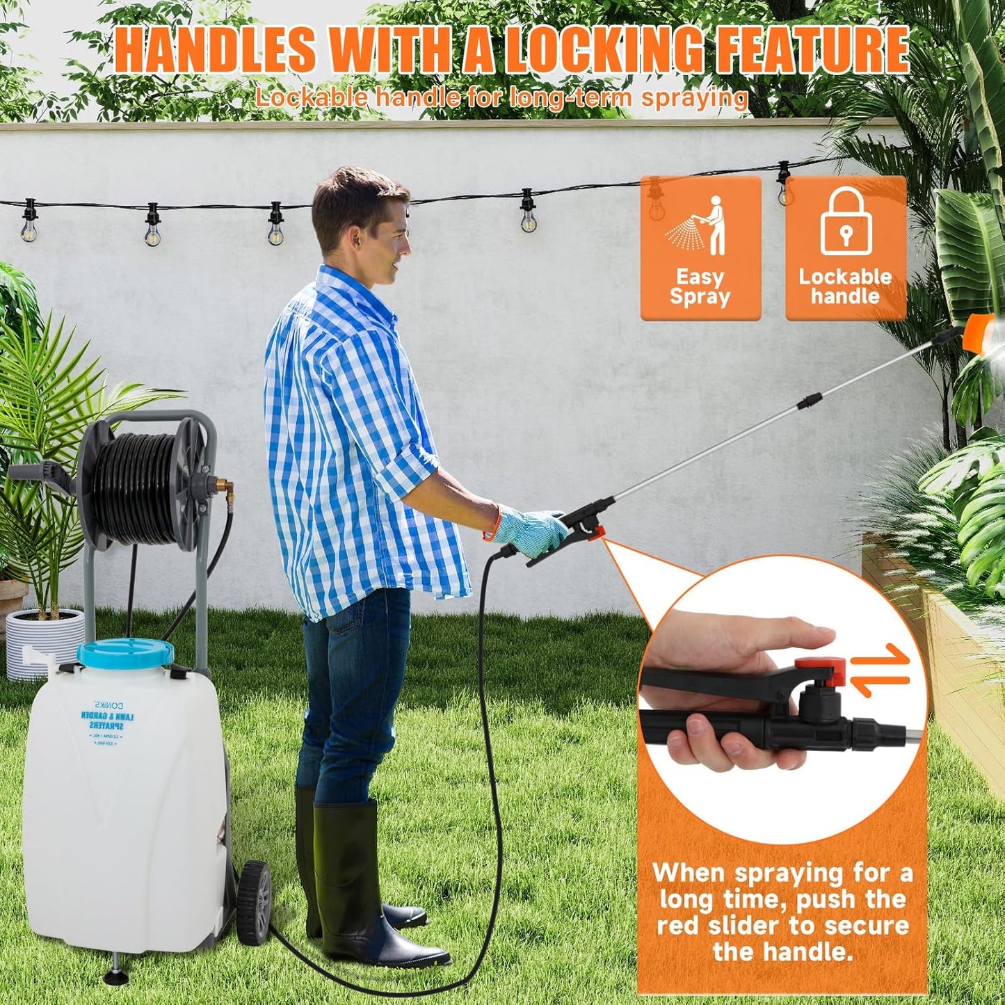 10.6 Gallon Battery Powered Sprayer with Wheeled Cart, 0-90PSI, 12V 8Ah Battery 5-6h Spray Time,98FT Hose with Reel，Adjustable HD Wand and 10 Nozzles for Weeding, Spraying, Cleaning