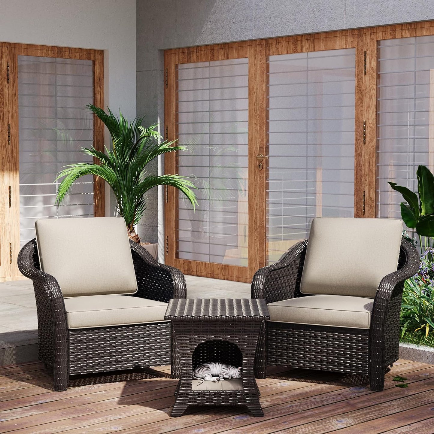 Patio PE Rattan Chairs Set of 2 with Cat Nest End Table, All-Weather & Steel Frame Outdoor Conversation Furniture Set with Washable Cushions for Garden, Bistro, Deck, Yard (Beige)