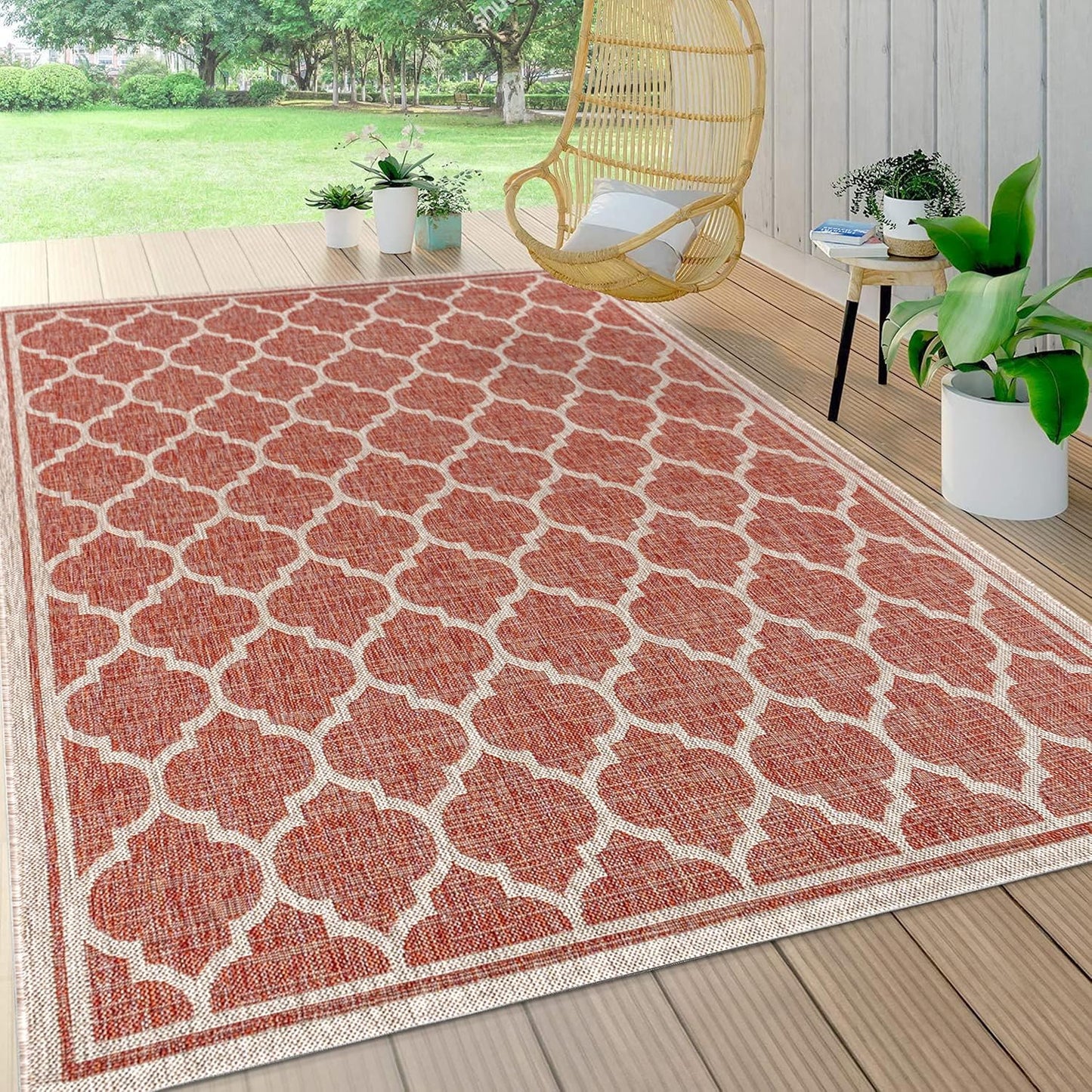 Eyely BMS109C-8 Santa Monica Trebol Moroccan Trellis Textured Weave Indoor/Outdoor Area Rug Coastal;Bohemian, Bedroom, Backyard, Patio, Easy-Cleaning, Non-Shedding, 8 X 10, Red/Beige