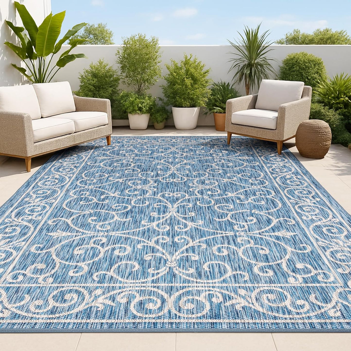 JONATHAN Y SMB106D-8 Charleston Vintage Filigree Textured Weave Indoor/Outdoor Navy/Gray 8 ft. x 10 ft. Area Rug, Classic,Easy Cleaning,HighTraffic,LivingRoom,Backyard, Non Shedding