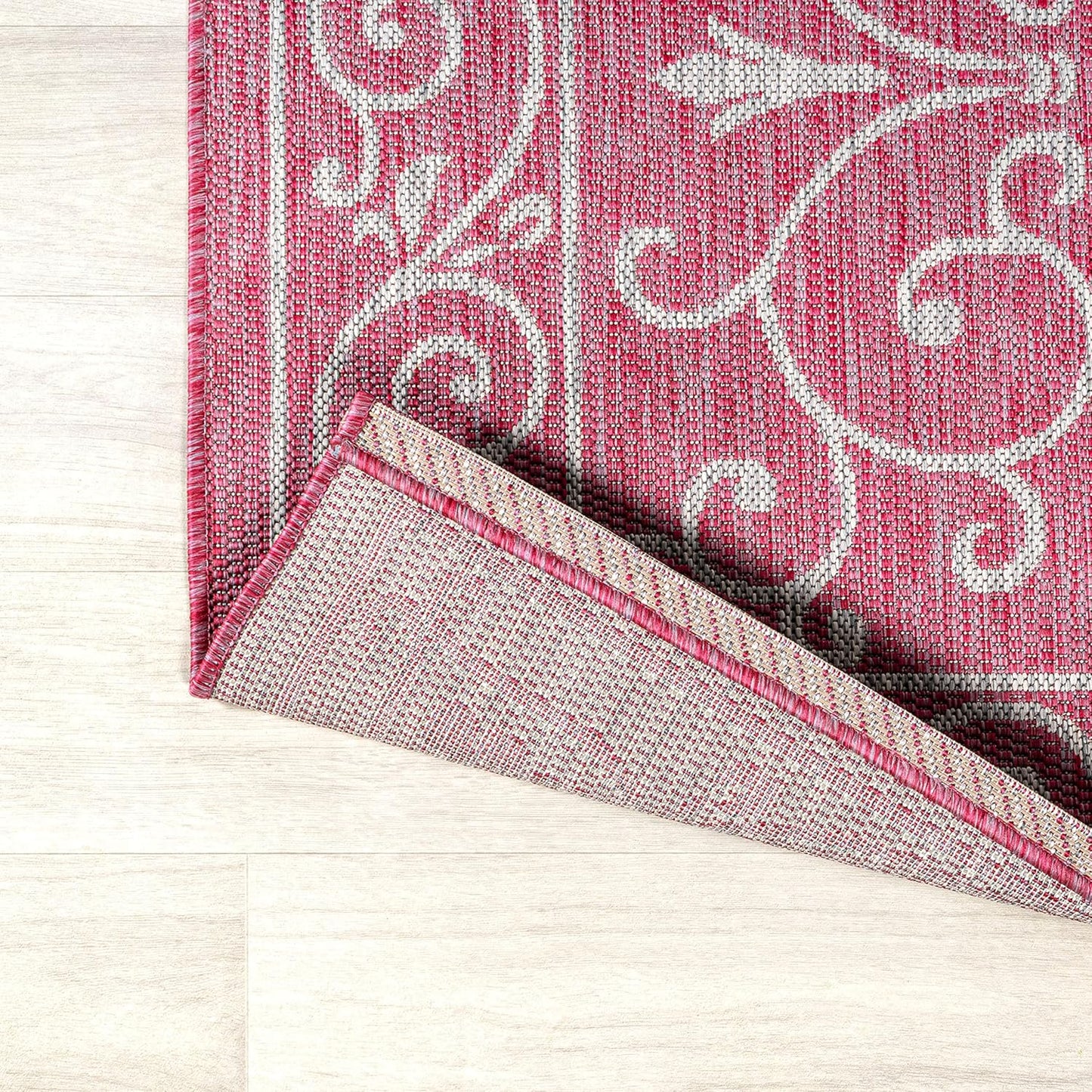 JONATHAN Y SMB106J-5SQ Charleston Vintage Filigree Textured Weave Indoor Outdoor Area Rug, Classic Traditional,Bedroom,Kitchen,Backyard,Patio, Fuchsia/Light Gray, 5' Square