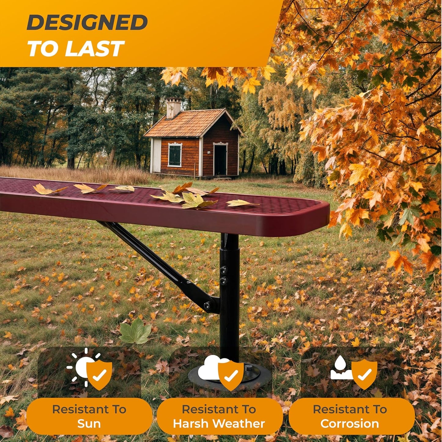 Heavy-Duty Outdoor Metal Bench, Thermoplastic-Coated, Surface, Weatherproof, Commercial-Grade for Parks, Gardens, Patios, Stores & More (6 Ft - Surface, Red)