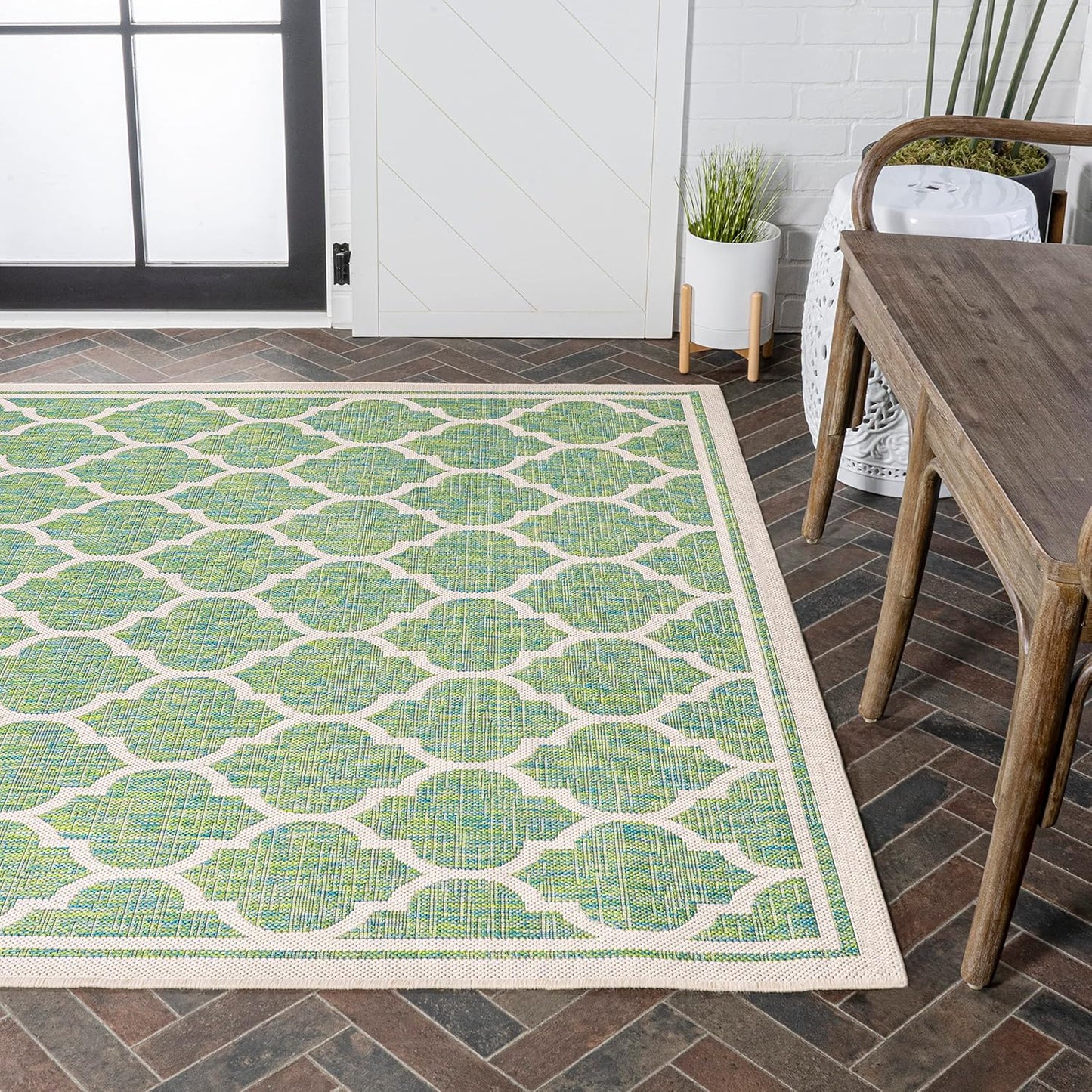 Eyely BMS109I-5 Santa Monica Trebol Moroccan Trellis Textured Weave Indoor/Outdoor Area Rug Coastal;Bohemian, Bedroom, Backyard, Patio, Easy-Cleaning, Non-Shedding, 5 X 8, Cream/Green