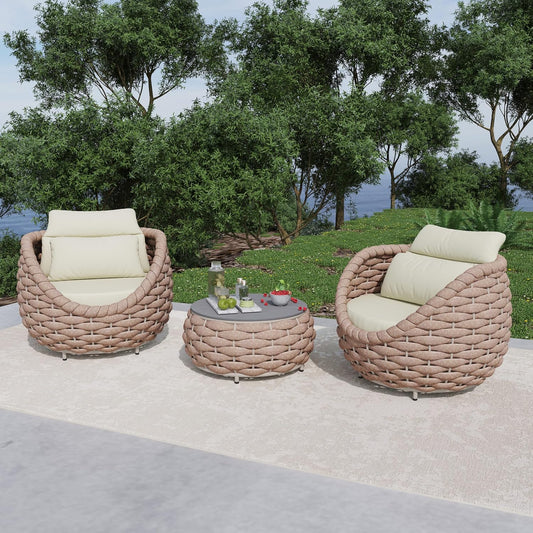 3 Pieces Porch Furniture Set: Aluminum Patio Conversation Sofa Set - Assembled Couch Armchair Table Set Cushioned - Hand Woven Rope Chair Set 400 LBS All Weather for Indoor Deck Balcony Hotel