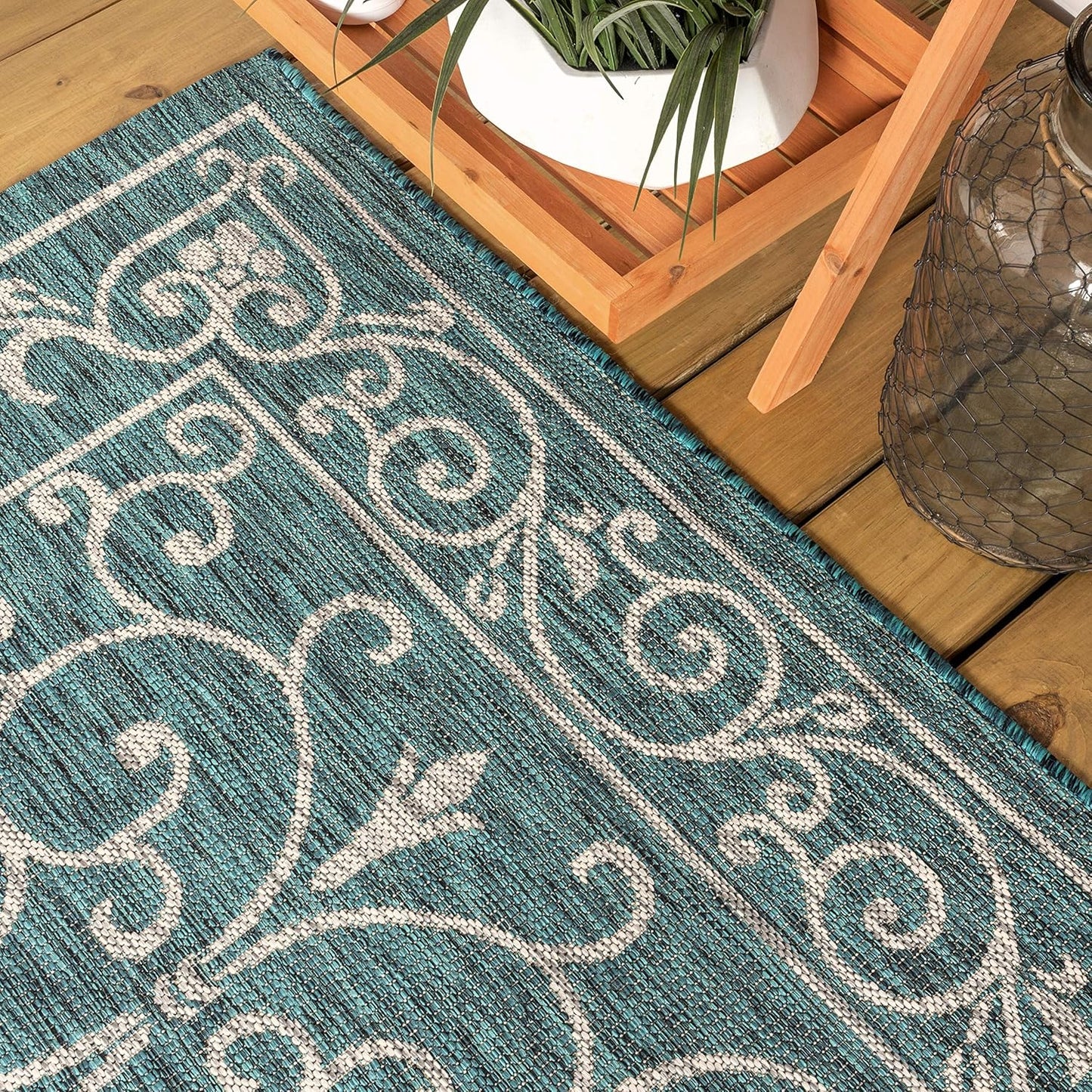 JONATHAN Y SMB106F-210 Charleston Vintage Filigree Textured Weave Indoor Outdoor Runner Rug, Classic, Traditional, Transitional Easy Clean,Bedroom,Kitchen,Backyard,Patio, Non-Shed, Teal/Gray, 2 X 10
