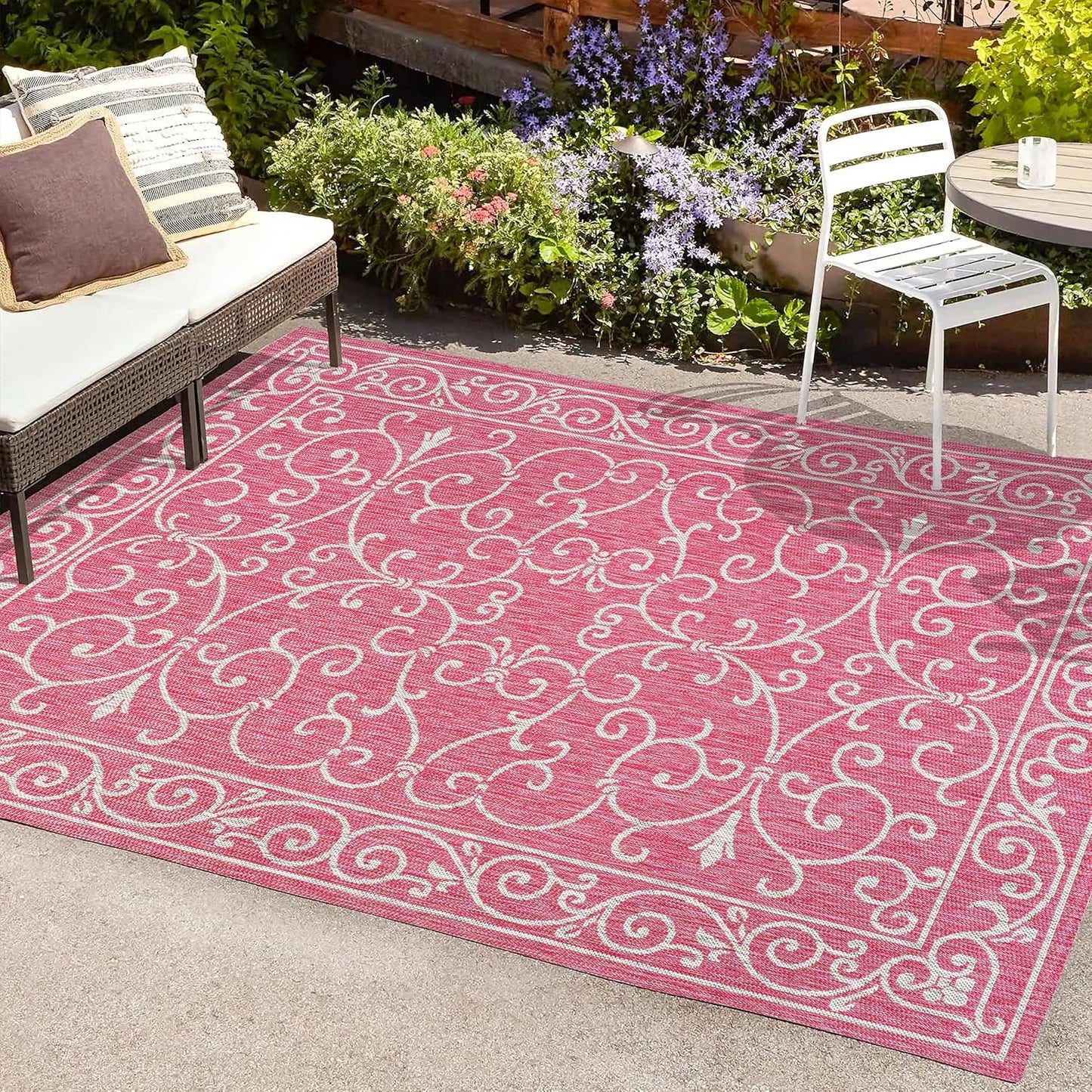 JONATHAN Y SMB106J-9 Charleston Vintage Filigree Textured Weave Indoor Outdoor Area Rug, Classic Traditional Easy-Cleaning,Bedroom,Kitchen,Backyard,Patio,Non Shedding, 9 X 12, Fuchsia/Light Gray