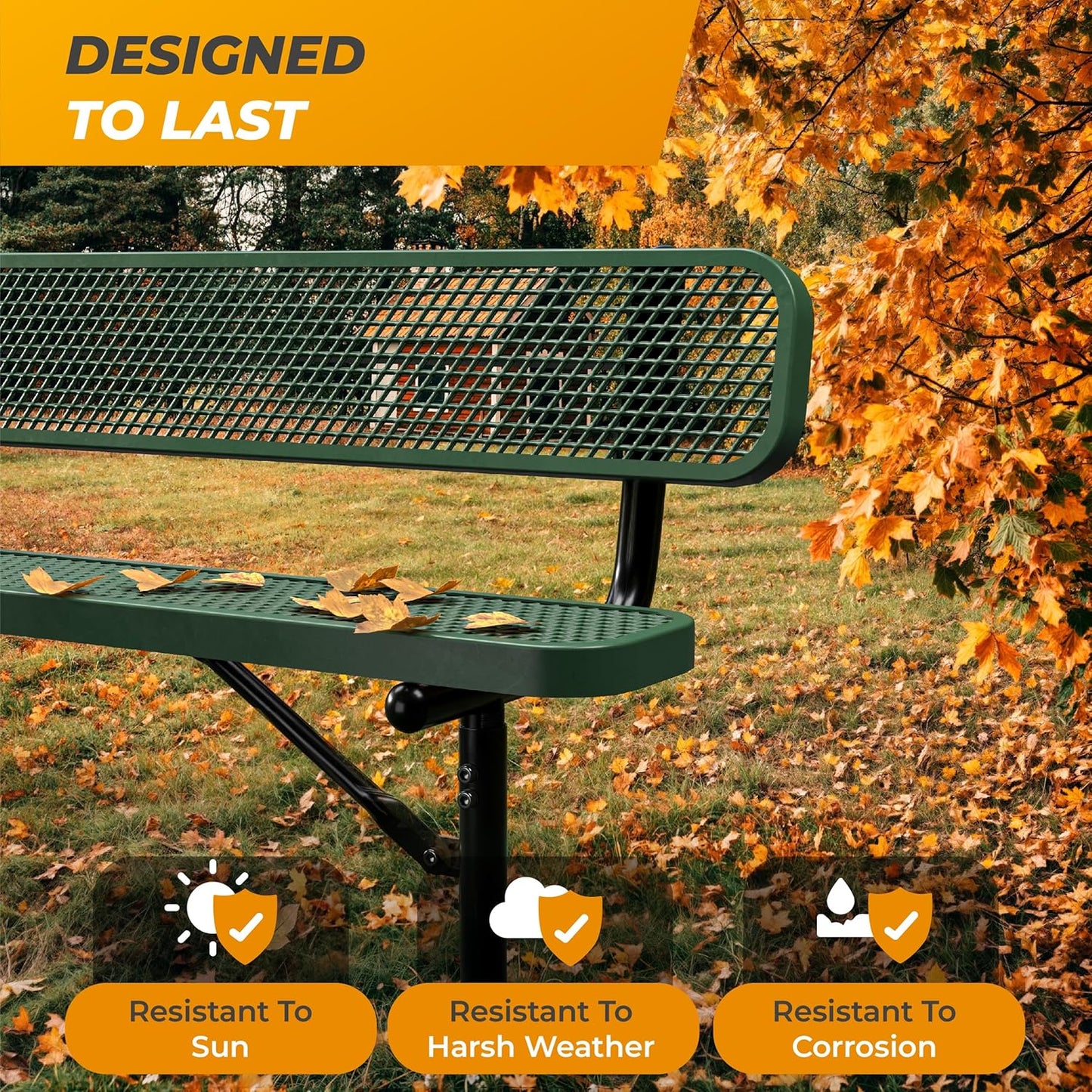 Heavy-Duty Outdoor Metal Bench, Thermoplastic-Coated, Surface, Weatherproof, Commercial-Grade for Parks, Gardens, Patios, Stores & More (8 Ft - Surface with Back, Green)