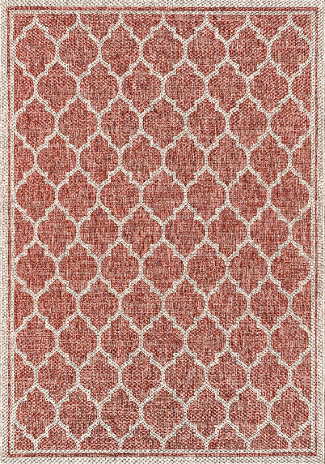 Eyely BMS109C-9 Santa Monica Trebol Moroccan Trellis Textured Weave Indoor/Outdoor Area Rug Coastal;Bohemian, Bedroom, Backyard, Patio, Easy-Cleaning, Non-Shedding, 9 X 12, Red/Beige