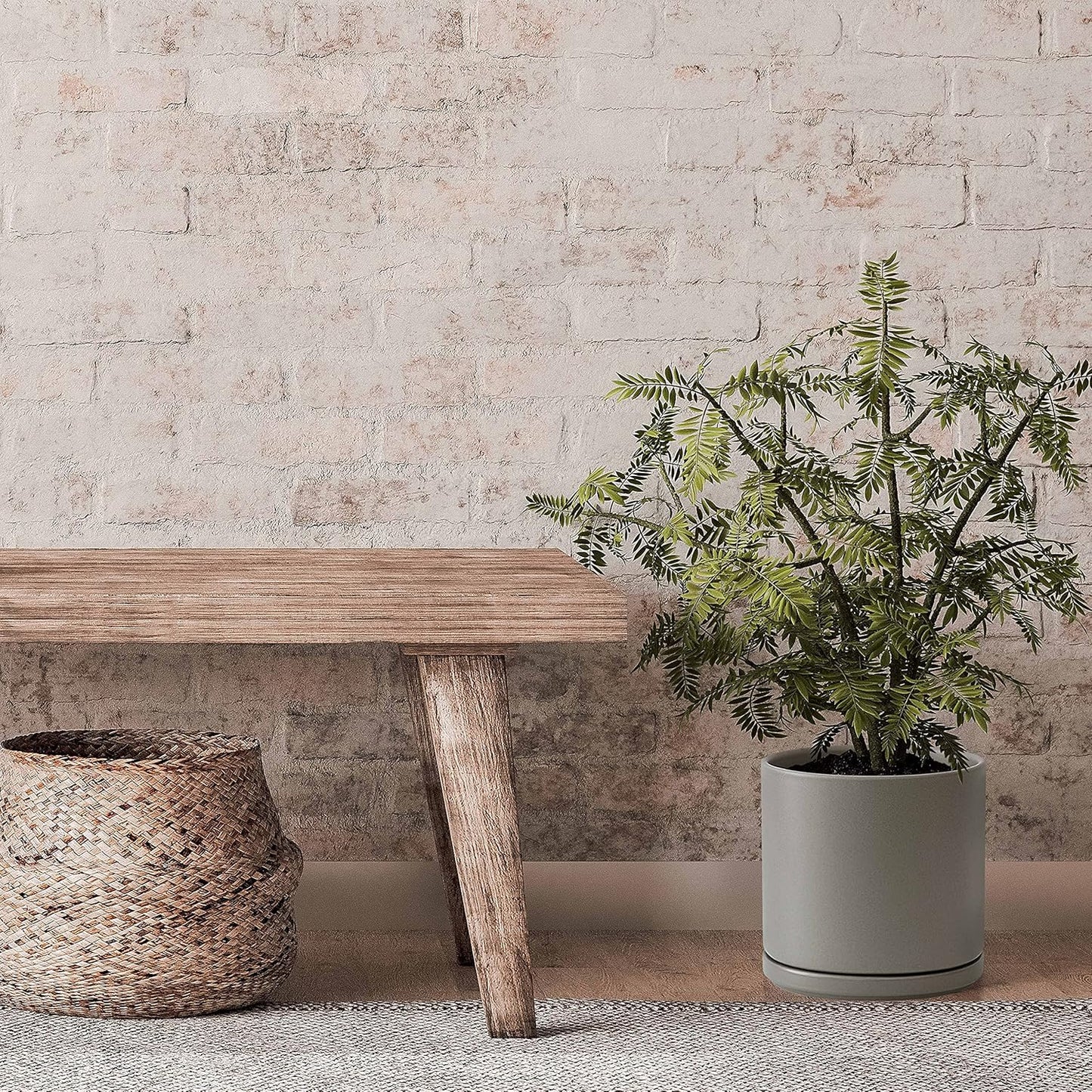 Set of 2 Plants Pots, 8 Inch Ceramic Planter Pot for Plants with Drainage Hole and Saucer, Speckled Grey, 94-V-D-3